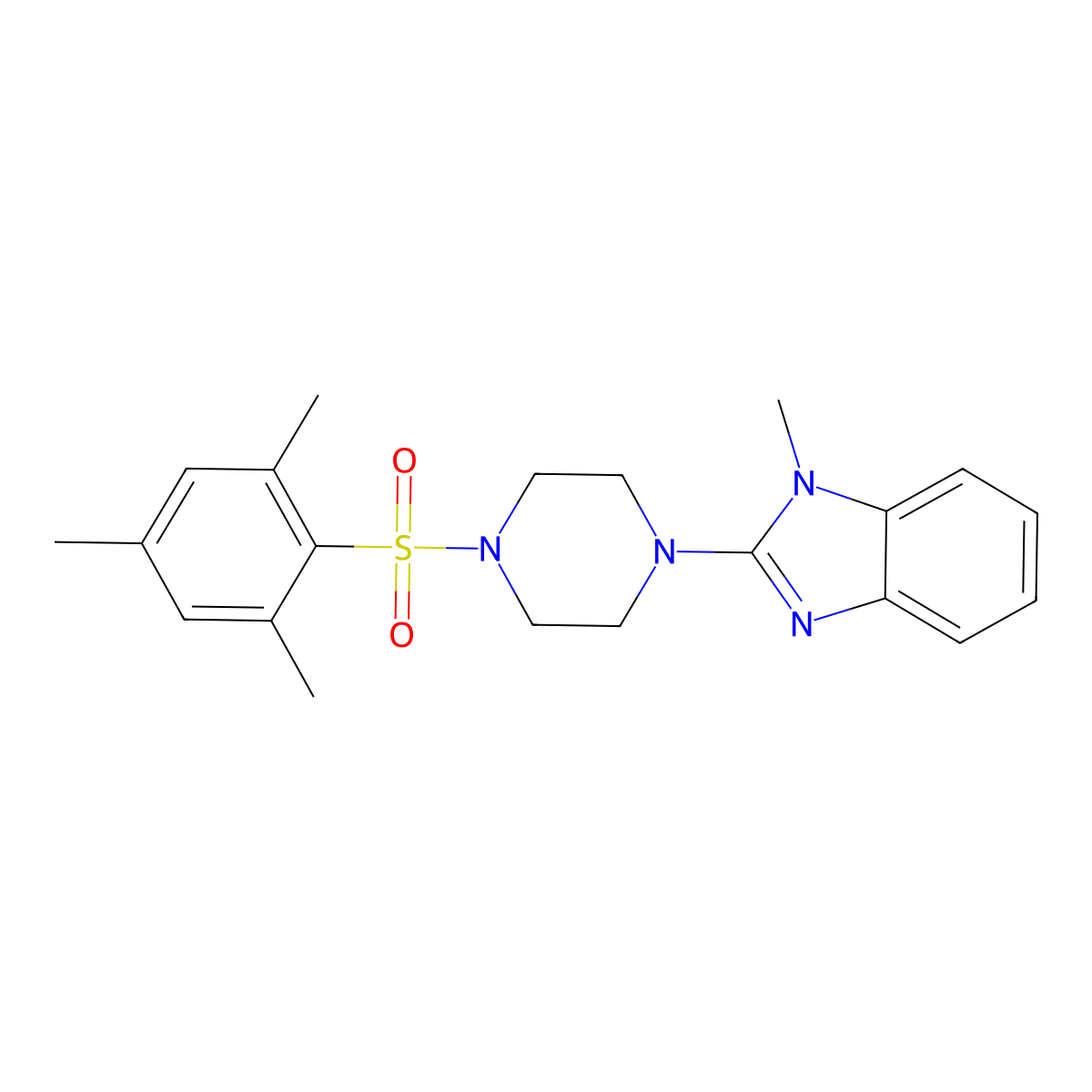 2-(4-(mesitylsulfonyl)piperazin-1-yl)-1-methyl-1H-benzo[d]imidazole molecular structure, CAS 1235006-44-6