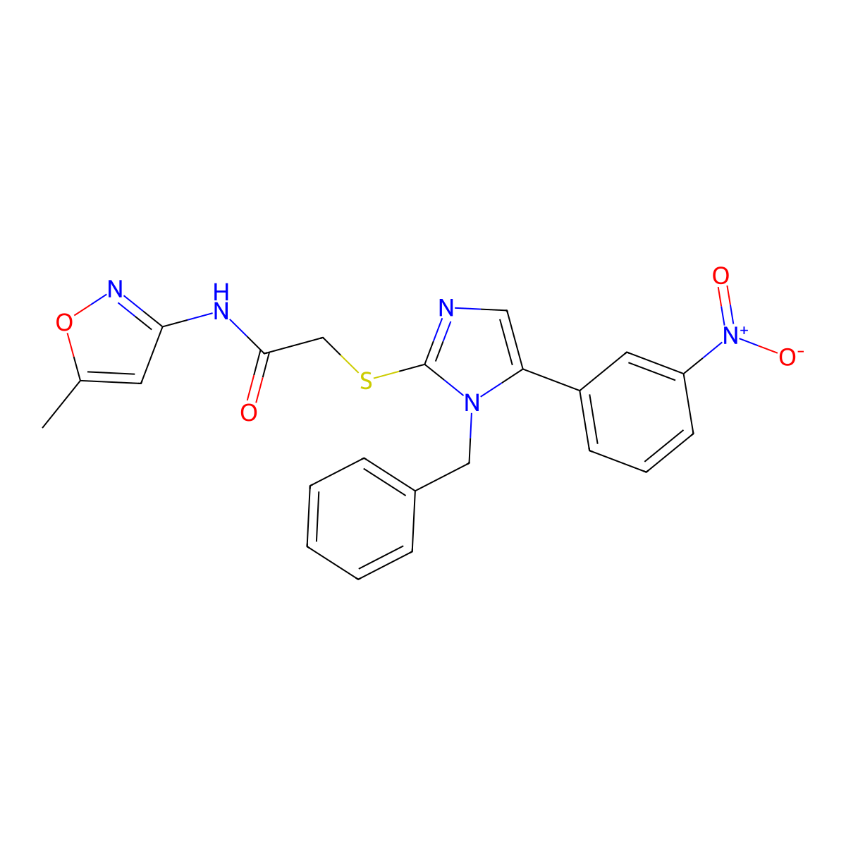 2-((1-benzyl-5-(3-nitrophenyl)-1H-imidazol-2-yl)thio)-N-(5-methylisoxazol-3-yl)acetamide molecular structure, CAS 1235006-47-9
