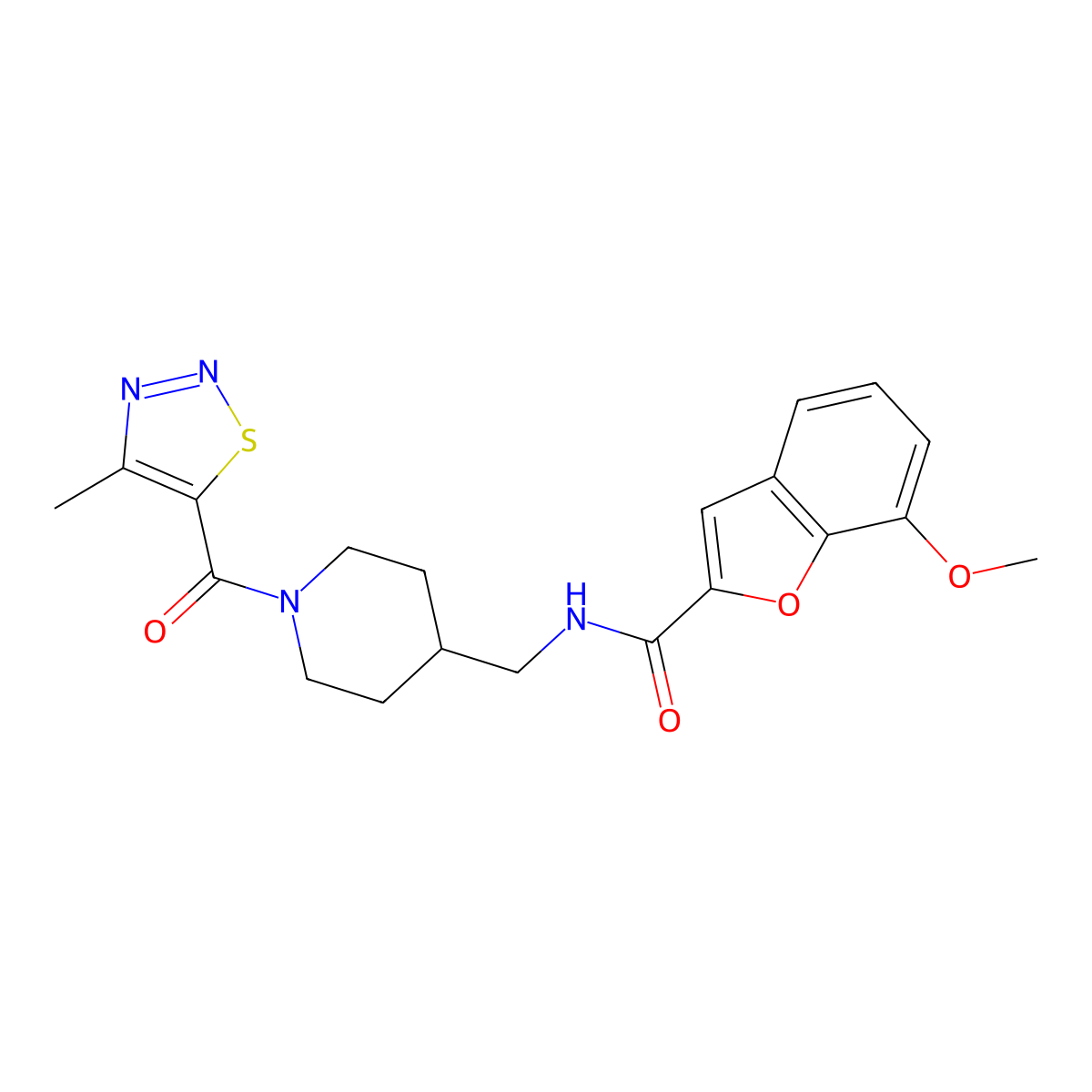 7-methoxy-N-((1-(4-methyl-1,2,3-thiadiazole-5-carbonyl)piperidin-4-yl)methyl)benzofuran-2-carboxamide molecular structure, CAS 1235007-22-3