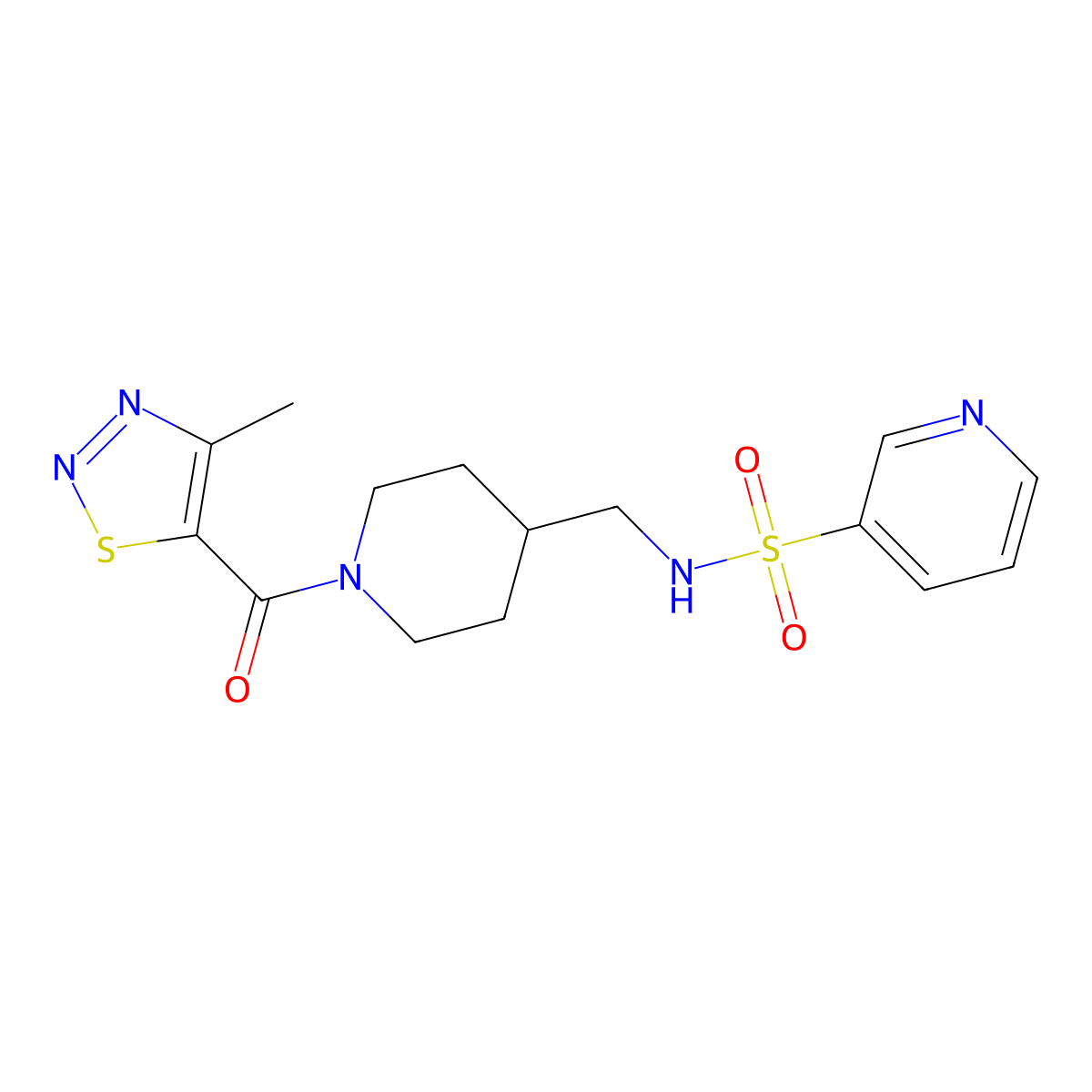 N-((1-(4-methyl-1,2,3-thiadiazole-5-carbonyl)piperidin-4-yl)methyl)pyridine-3-sulfonamide molecular structure, CAS 1235008-78-2