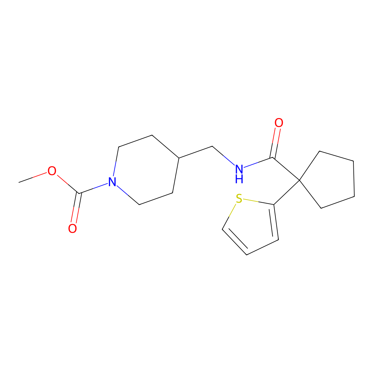 Methyl 4-((1-(thiophen-2-yl)cyclopentanecarboxamido)methyl)piperidine-1-carboxylate molecular structure, CAS 1235012-10-8