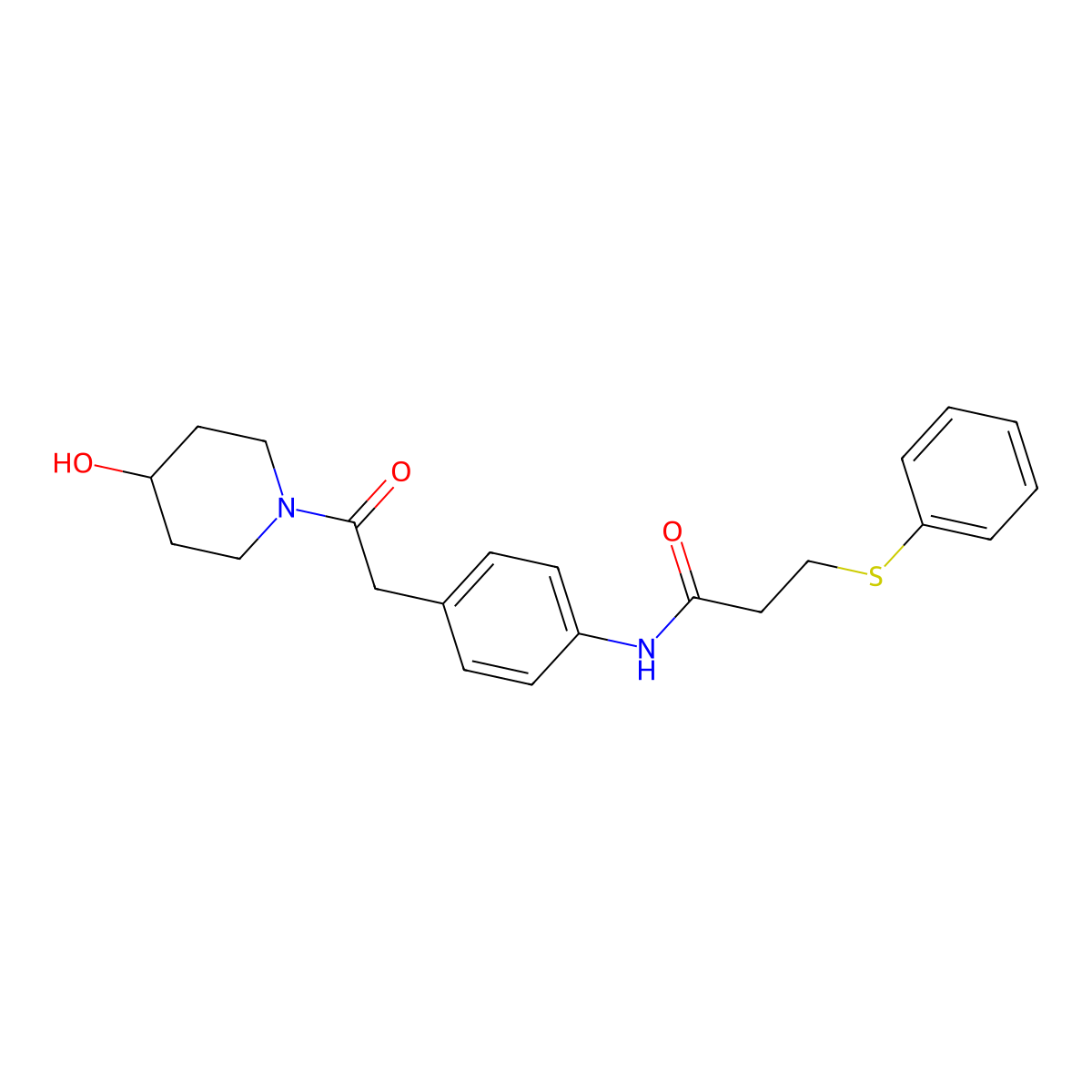 N-(4-(2-(4-hydroxypiperidin-1-yl)-2-oxoethyl)phenyl)-3-(phenylthio)propanamide molecular structure, CAS 1235012-80-2