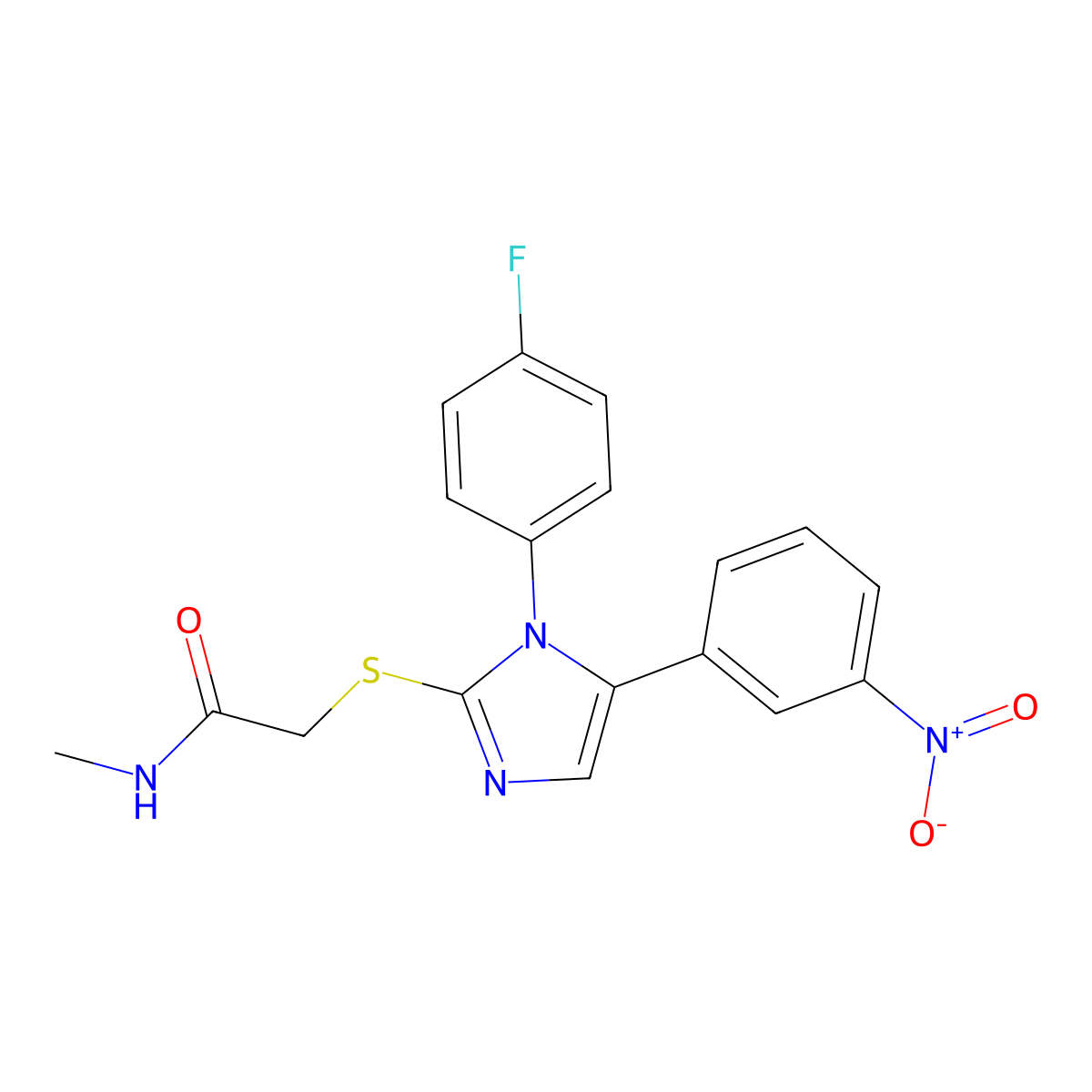 2-((1-(4-fluorophenyl)-5-(3-nitrophenyl)-1H-imidazol-2-yl)thio)-N-methylacetamide molecular structure, CAS 1235014-02-4