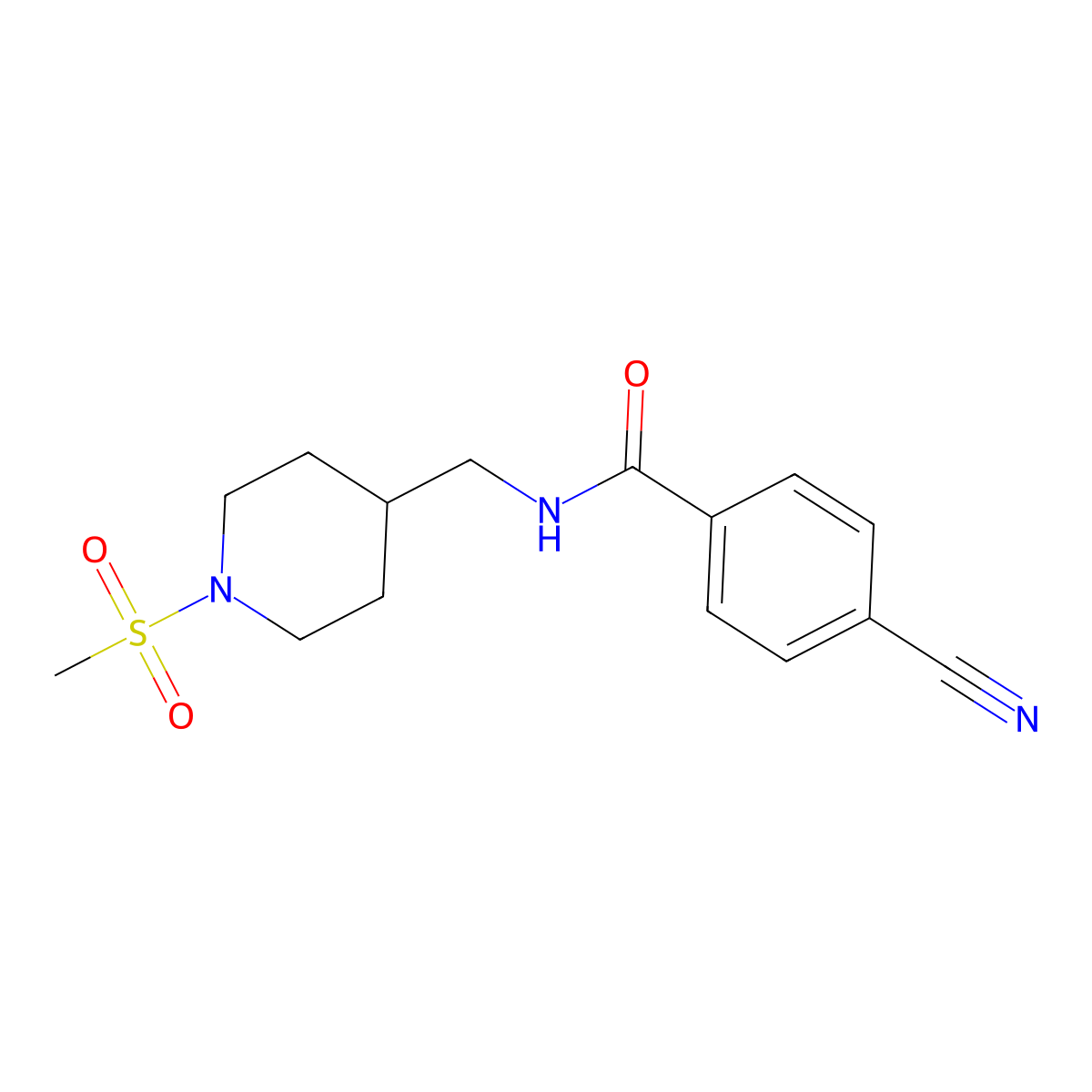 4-cyano-N-((1-(methylsulfonyl)piperidin-4-yl)methyl)benzamide molecular structure, CAS 1235015-22-1