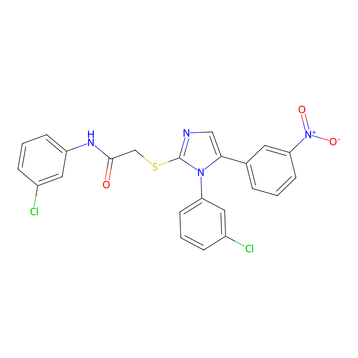 N-(3-chlorophenyl)-2-((1-(3-chlorophenyl)-5-(3-nitrophenyl)-1H-imidazol-2-yl)thio)acetamide molecular structure, CAS 1235015-87-8