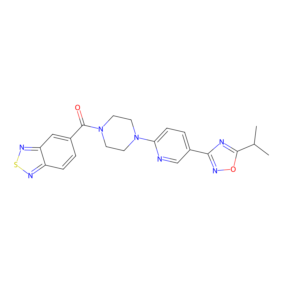 Benzo[c][1,2,5]thiadiazol-5-yl(4-(5-(5-isopropyl-1,2,4-oxadiazol-3-yl)pyridin-2-yl)piperazin-1-yl)methanone molecular structure, CAS 1235015-91-4