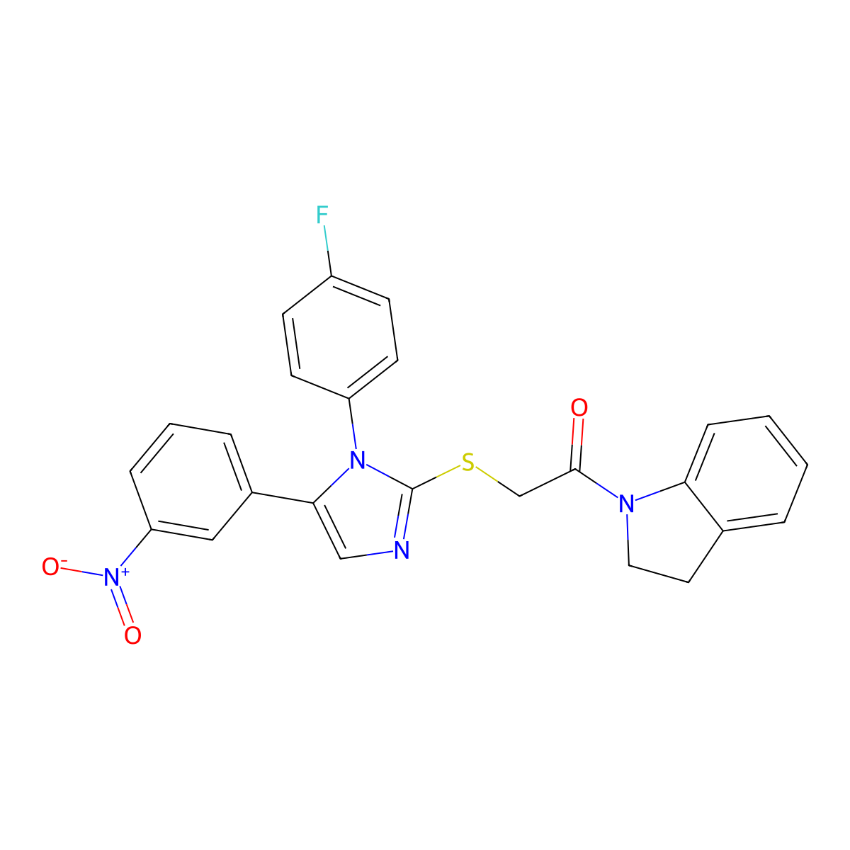 2-((1-(4-fluorophenyl)-5-(3-nitrophenyl)-1H-imidazol-2-yl)thio)-1-(indolin-1-yl)ethanone molecular structure, CAS 1235016-90-6