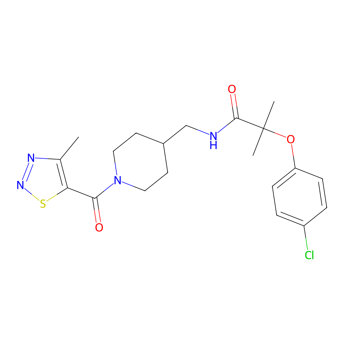 2-(4-chlorophenoxy)-2-methyl-N-{[1-(4-methyl-1,2,3-thiadiazole-5-carbonyl)piperidin-4-yl]methyl}propanamide molecular structure, CAS 1235016-97-3