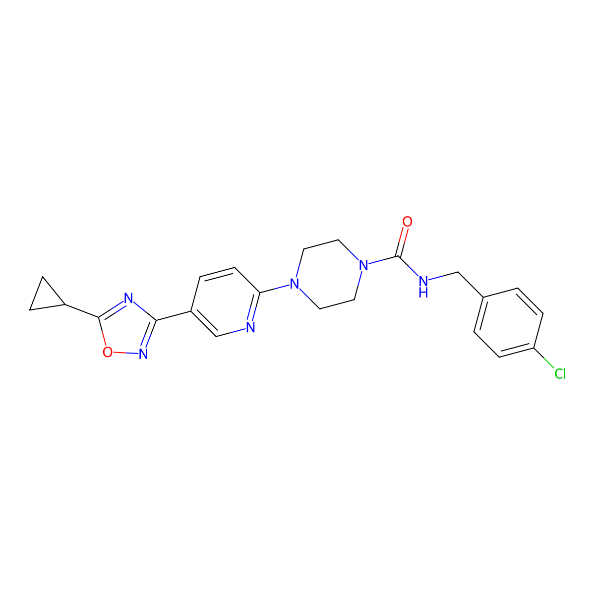 N-(4-chlorobenzyl)-4-(5-(5-cyclopropyl-1,2,4-oxadiazol-3-yl)pyridin-2-yl)piperazine-1-carboxamide molecular structure, CAS 1235018-15-1