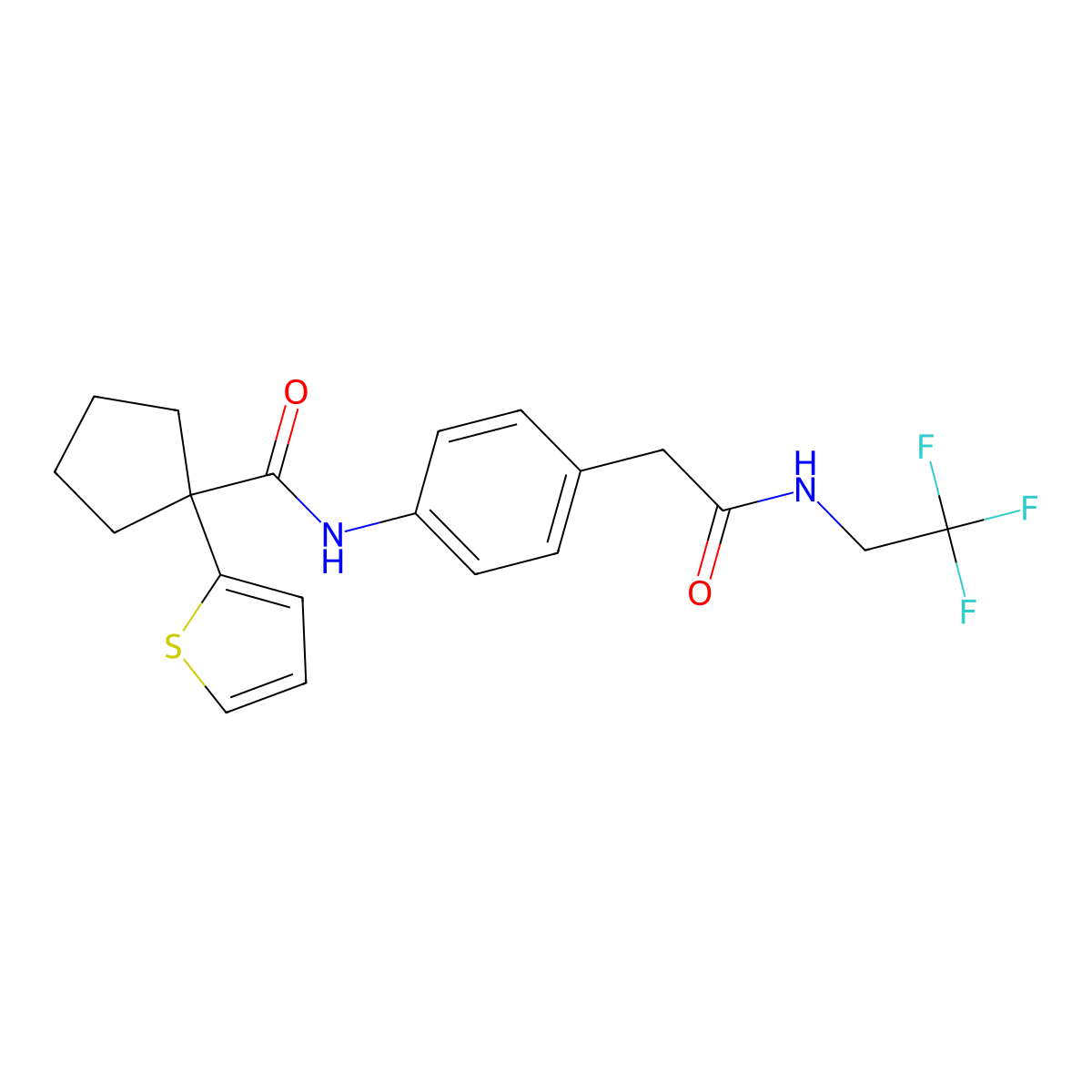 N-(4-(2-oxo-2-((2,2,2-trifluoroethyl)amino)ethyl)phenyl)-1-(thiophen-2-yl)cyclopentanecarboxamide molecular structure, CAS 1235018-17-3