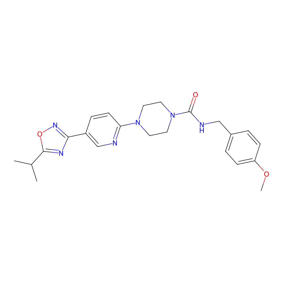4-(5-(5-isopropyl-1,2,4-oxadiazol-3-yl)pyridin-2-yl)-N-(4-methoxybenzyl)piperazine-1-carboxamide molecular structure, CAS 1235026-42-2