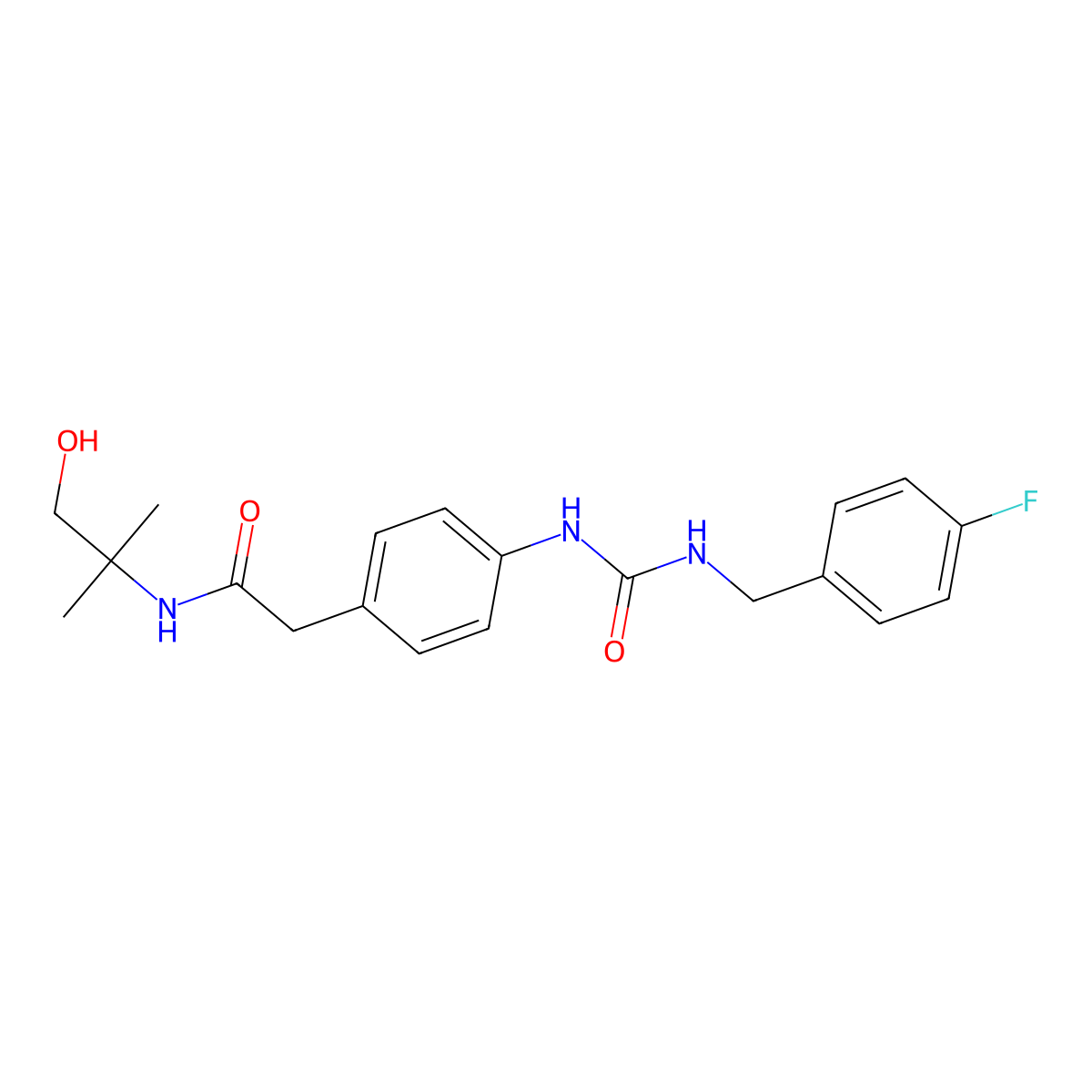 2-(4-(3-(4-fluorobenzyl)ureido)phenyl)-N-(1-hydroxy-2-methylpropan-2-yl)acetamide molecular structure, CAS 1235026-94-4