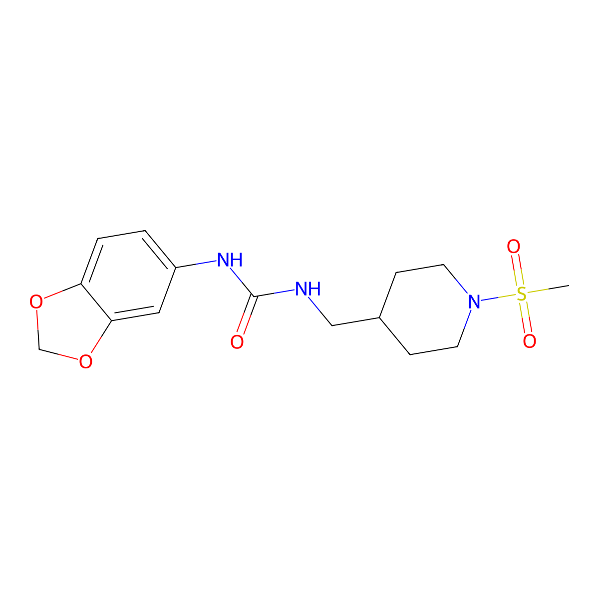 1-(Benzo[d][1,3]dioxol-5-yl)-3-((1-(methylsulfonyl)piperidin-4-yl)methyl)urea molecular structure, CAS 1235029-87-4