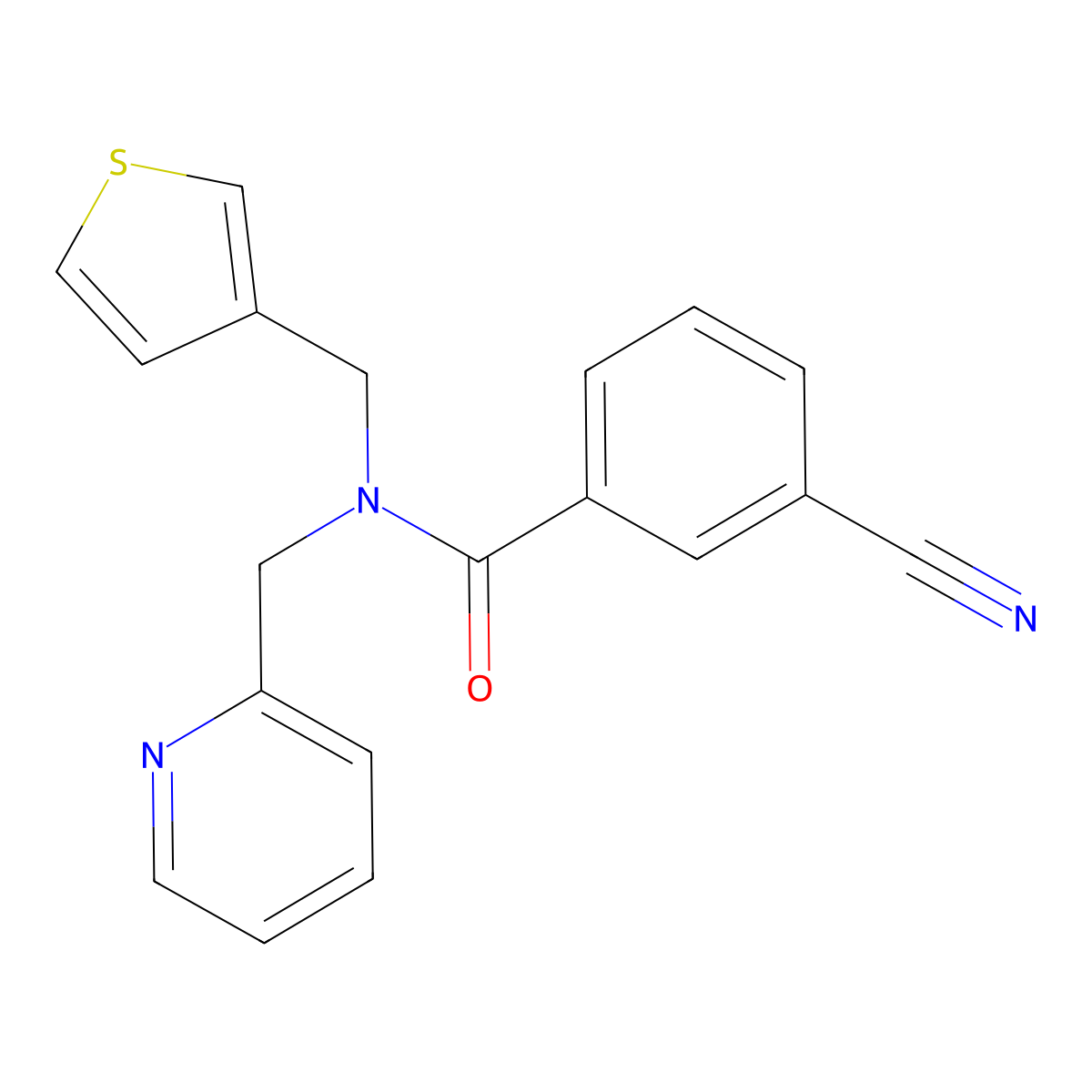 3-cyano-N-(pyridin-2-ylmethyl)-N-(thiophen-3-ylmethyl)benzamide molecular structure, CAS 1235031-18-1