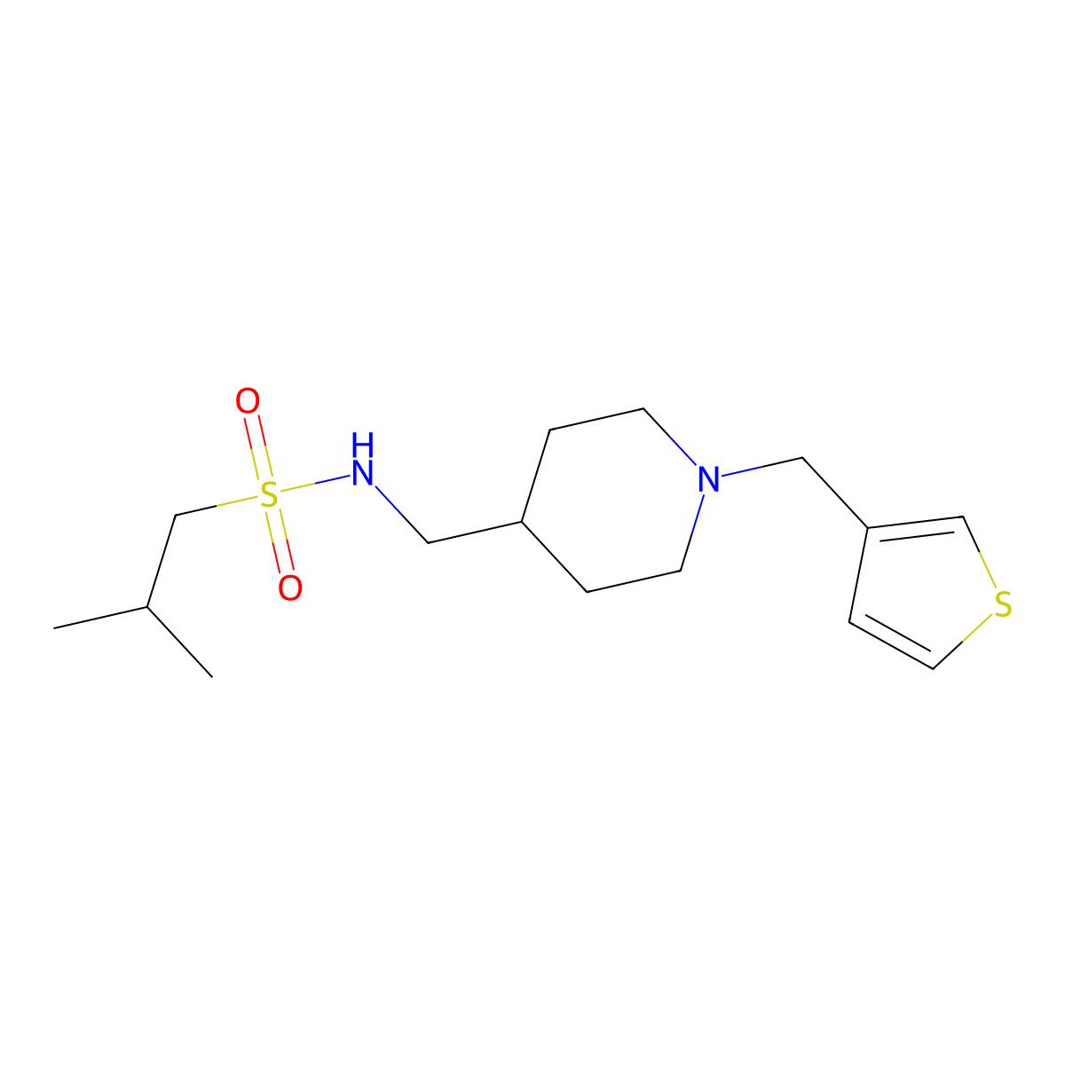 2-methyl-N-((1-(thiophen-3-ylmethyl)piperidin-4-yl)methyl)propane-1-sulfonamide molecular structure, CAS 1235031-25-0