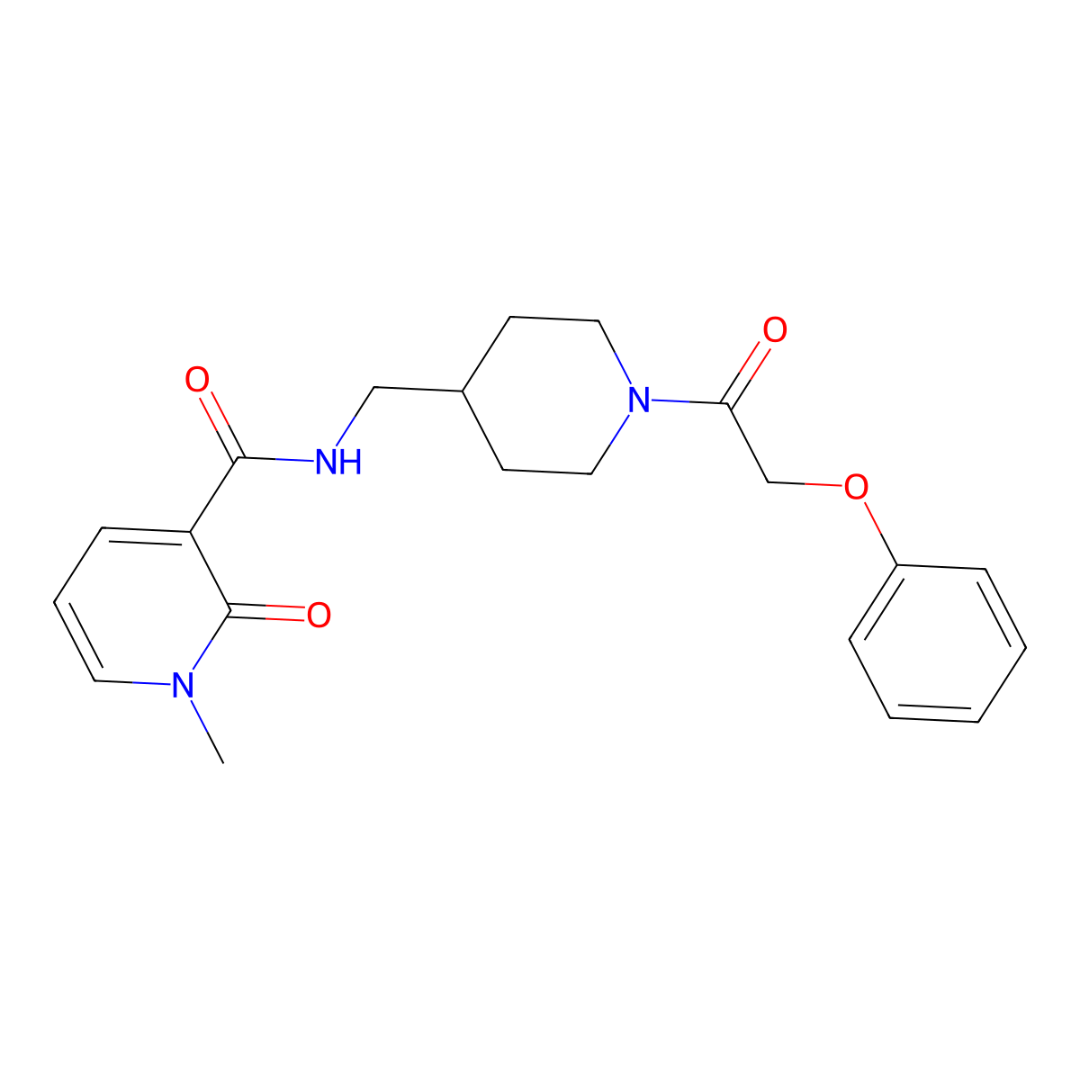 1-methyl-2-oxo-N-{[1-(2-phenoxyacetyl)piperidin-4-yl]methyl}-1,2-dihydropyridine-3-carboxamide molecular structure, CAS 1235032-59-3