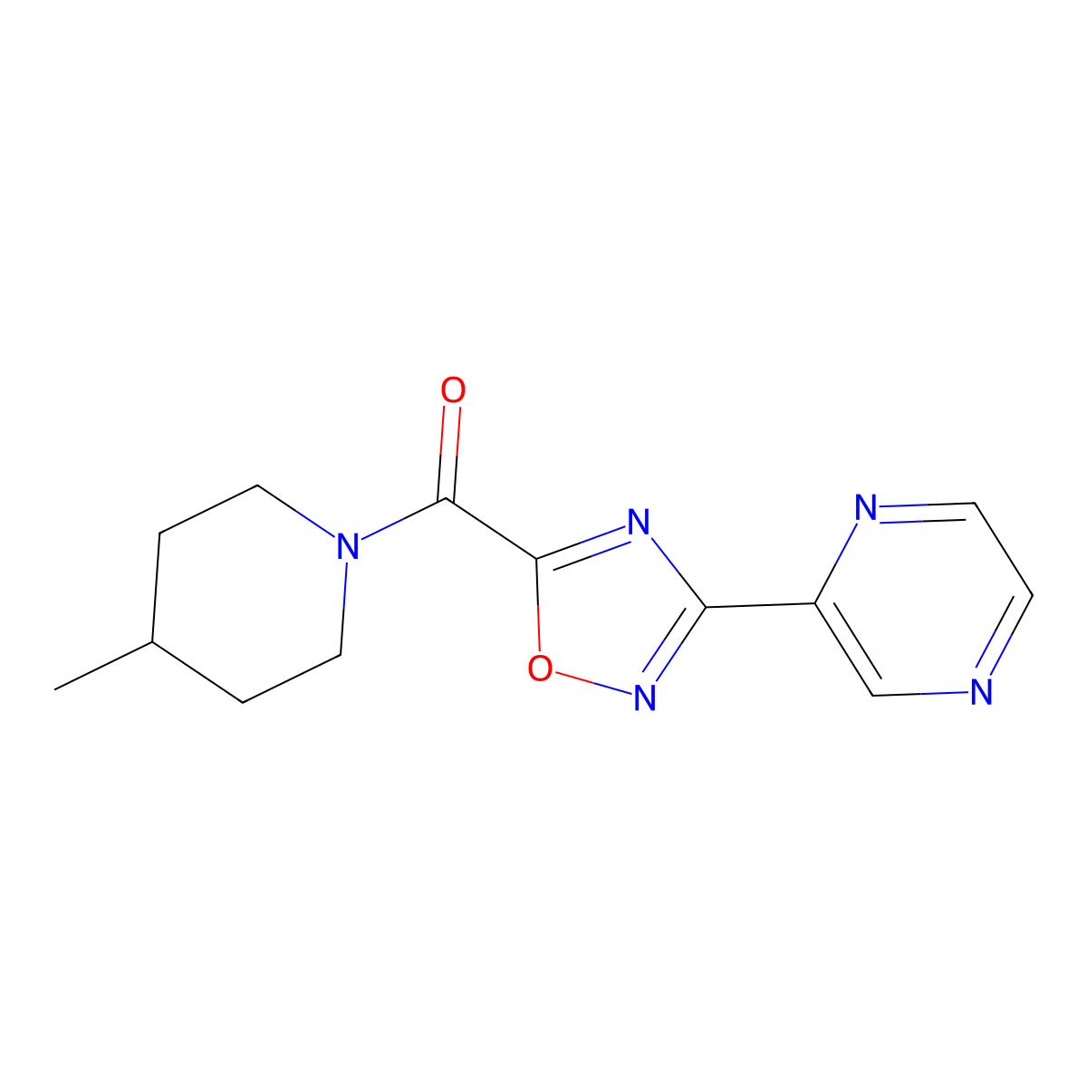 (4-Methylpiperidin-1-yl)(3-(pyrazin-2-yl)-1,2,4-oxadiazol-5-yl)methanone molecular structure, CAS 1235034-16-8