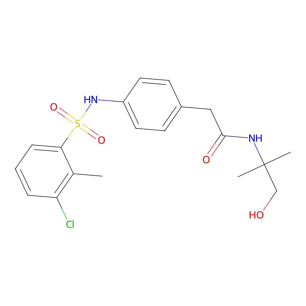 2-(4-(3-chloro-2-methylphenylsulfonamido)phenyl)-N-(1-hydroxy-2-methylpropan-2-yl)acetamide molecular structure, CAS 1235039-50-5