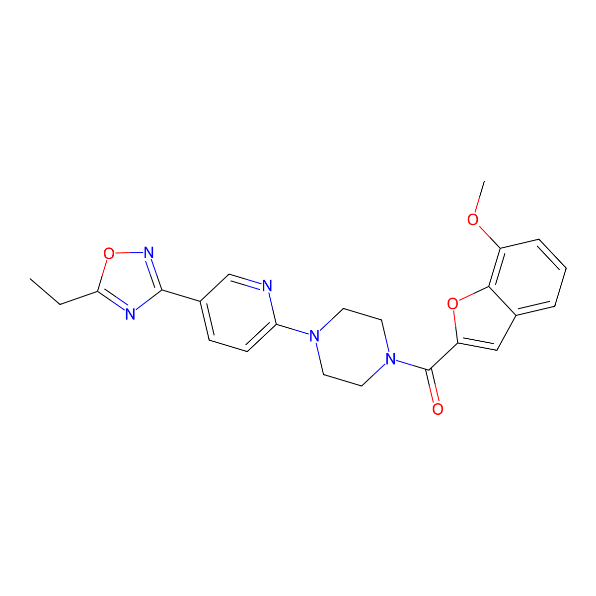 (4-(5-(5-Ethyl-1,2,4-oxadiazol-3-yl)pyridin-2-yl)piperazin-1-yl)(7-methoxybenzofuran-2-yl)methanone molecular structure, CAS 1235040-24-0