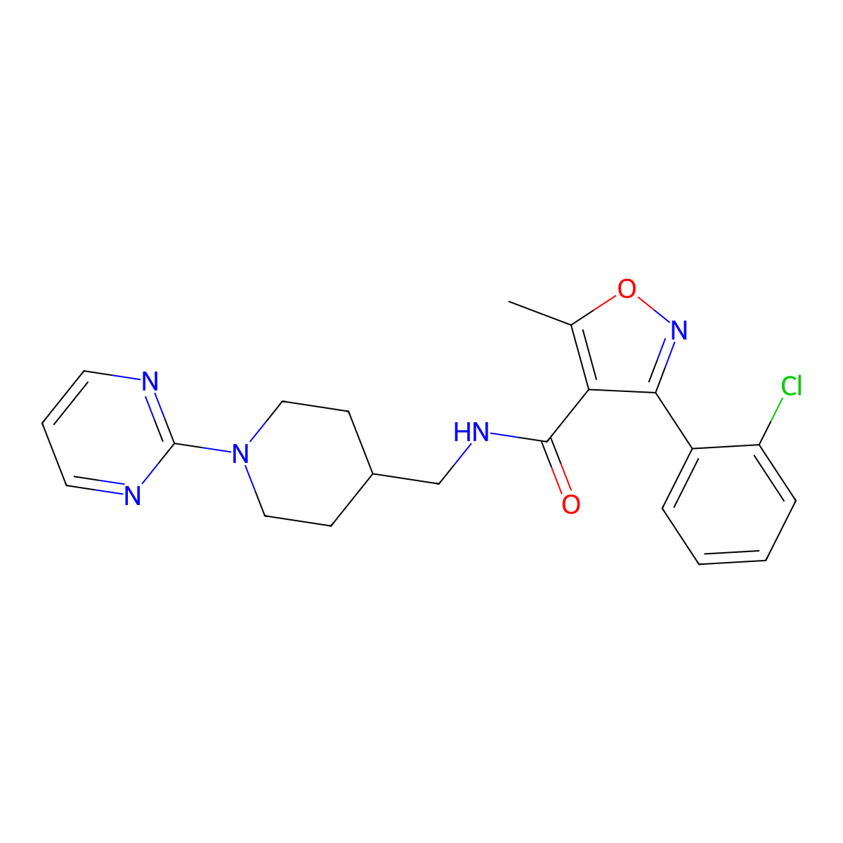3-(2-chlorophenyl)-5-methyl-N-((1-(pyrimidin-2-yl)piperidin-4-yl)methyl)isoxazole-4-carboxamide molecular structure, CAS 1235041-65-2