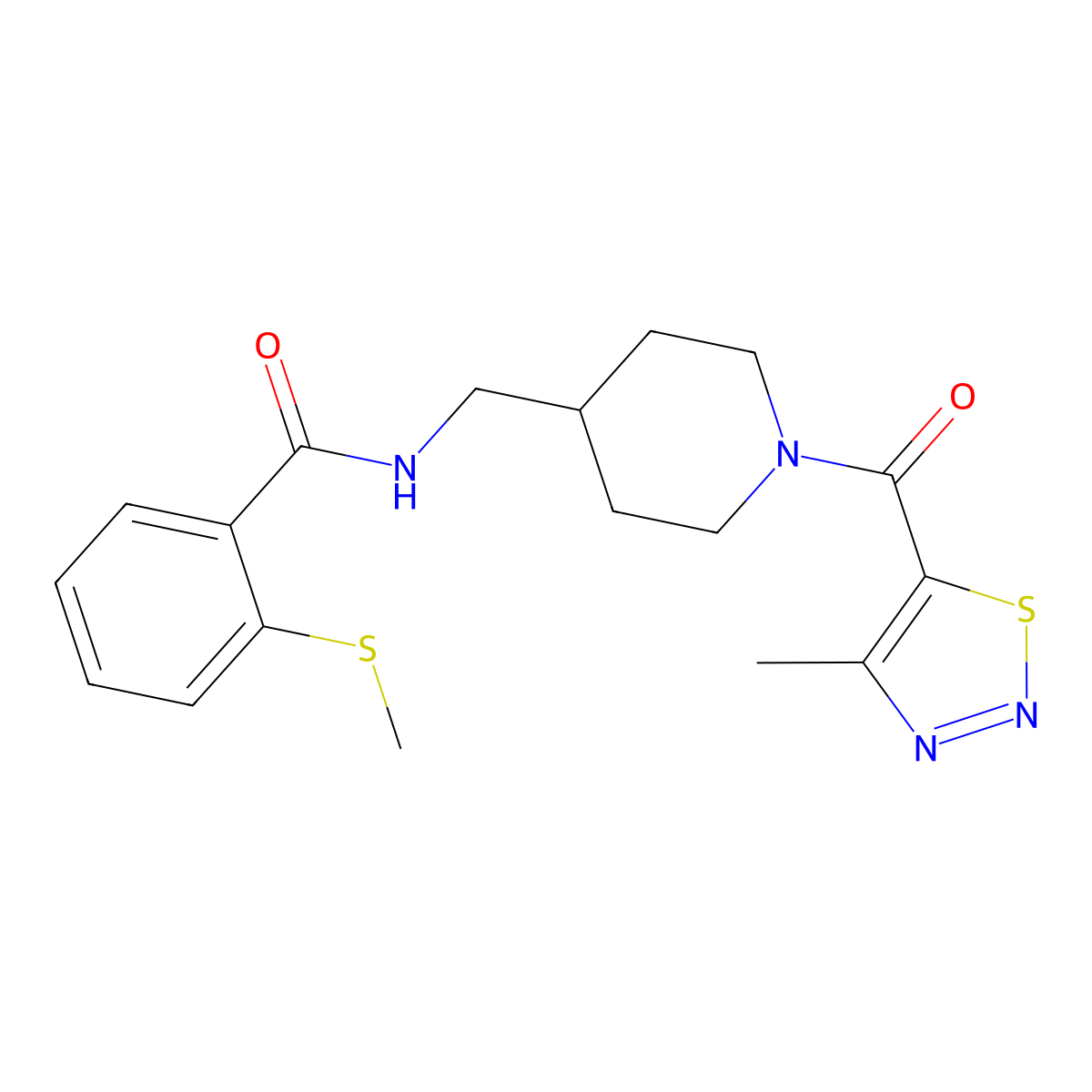 N-((1-(4-methyl-1,2,3-thiadiazole-5-carbonyl)piperidin-4-yl)methyl)-2-(methylthio)benzamide molecular structure, CAS 1235041-74-3