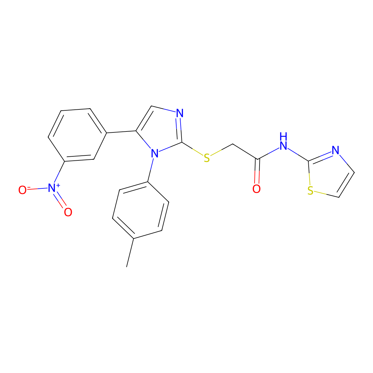 2-((5-(3-nitrophenyl)-1-(p-tolyl)-1H-imidazol-2-yl)thio)-N-(thiazol-2-yl)acetamide molecular structure, CAS 1235043-54-5