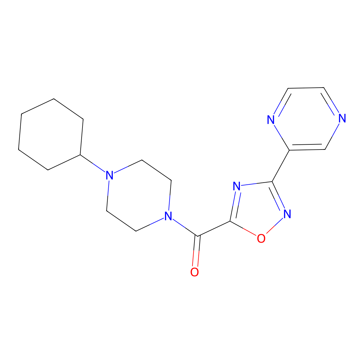 (4-Cyclohexylpiperazin-1-yl)(3-(pyrazin-2-yl)-1,2,4-oxadiazol-5-yl)methanone molecular structure, CAS 1235044-06-0
