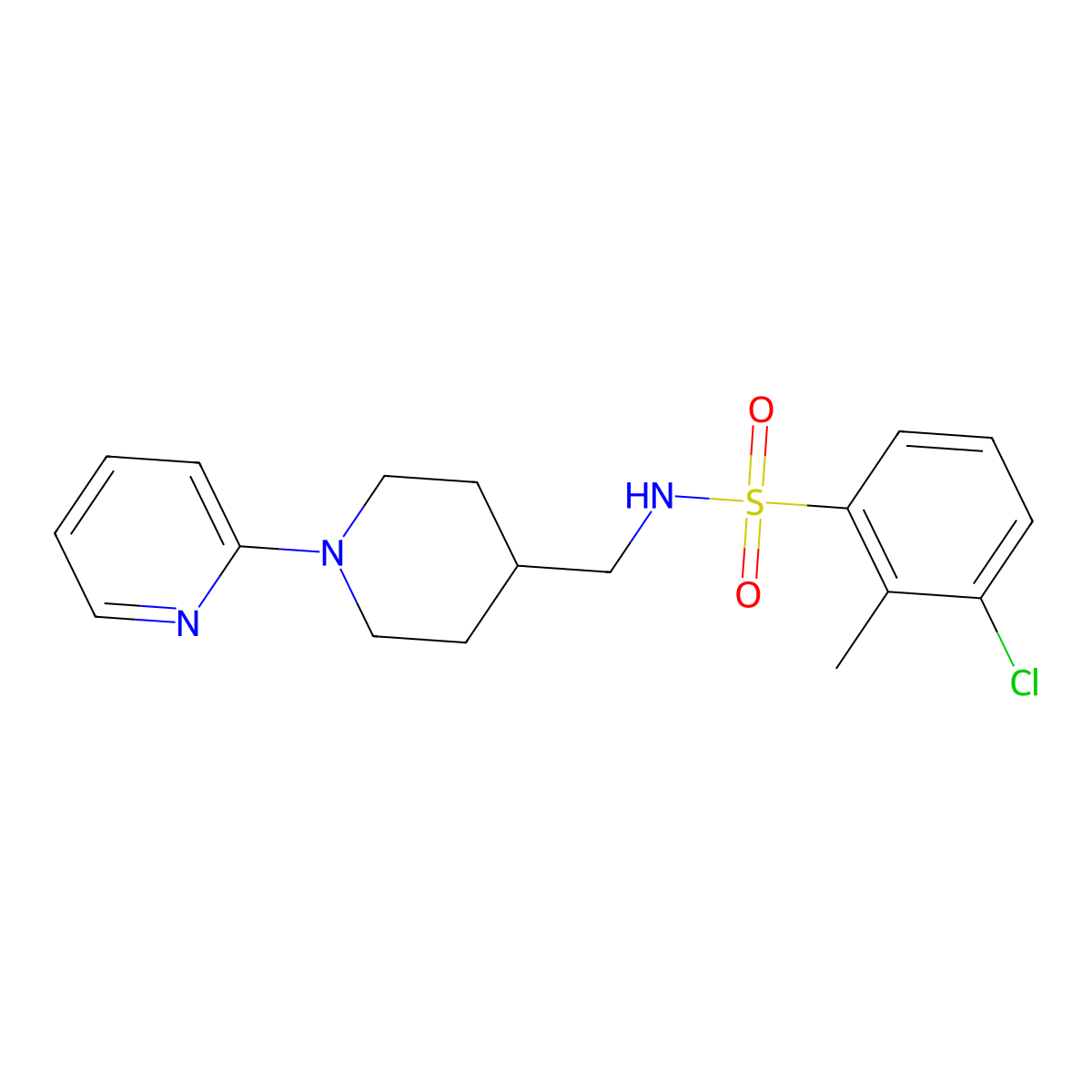 3-chloro-2-methyl-N-((1-(pyridin-2-yl)piperidin-4-yl)methyl)benzenesulfonamide molecular structure, CAS 1235044-62-8