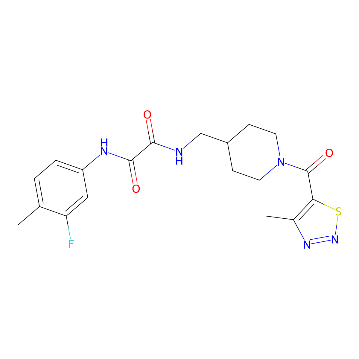 N1-(3-fluoro-4-methylphenyl)-N2-((1-(4-methyl-1,2,3-thiadiazole-5-carbonyl)piperidin-4-yl)methyl)oxalamide molecular structure, CAS 1235047-27-4