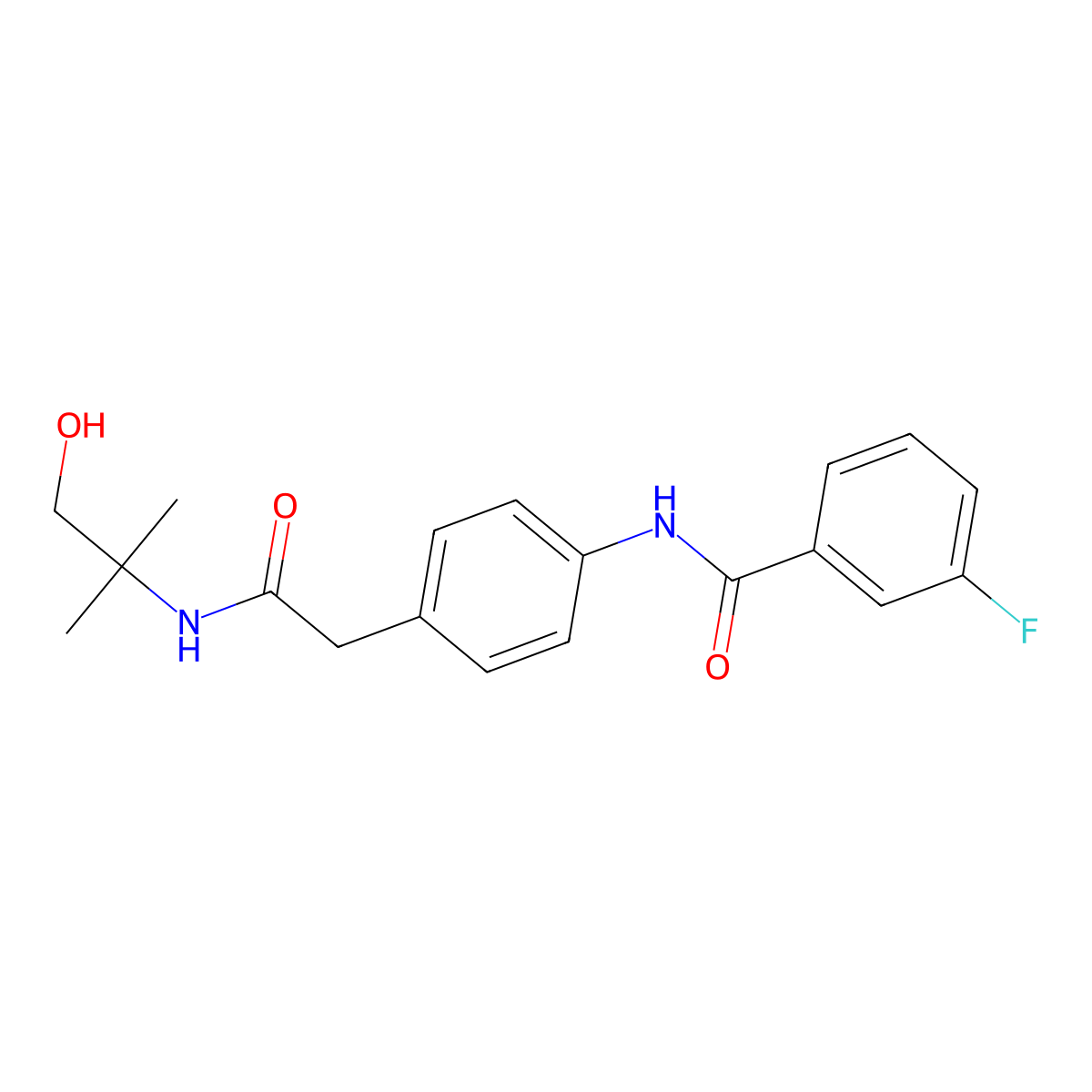 3-fluoro-N-(4-(2-((1-hydroxy-2-methylpropan-2-yl)amino)-2-oxoethyl)phenyl)benzamide molecular structure, CAS 1235047-30-9