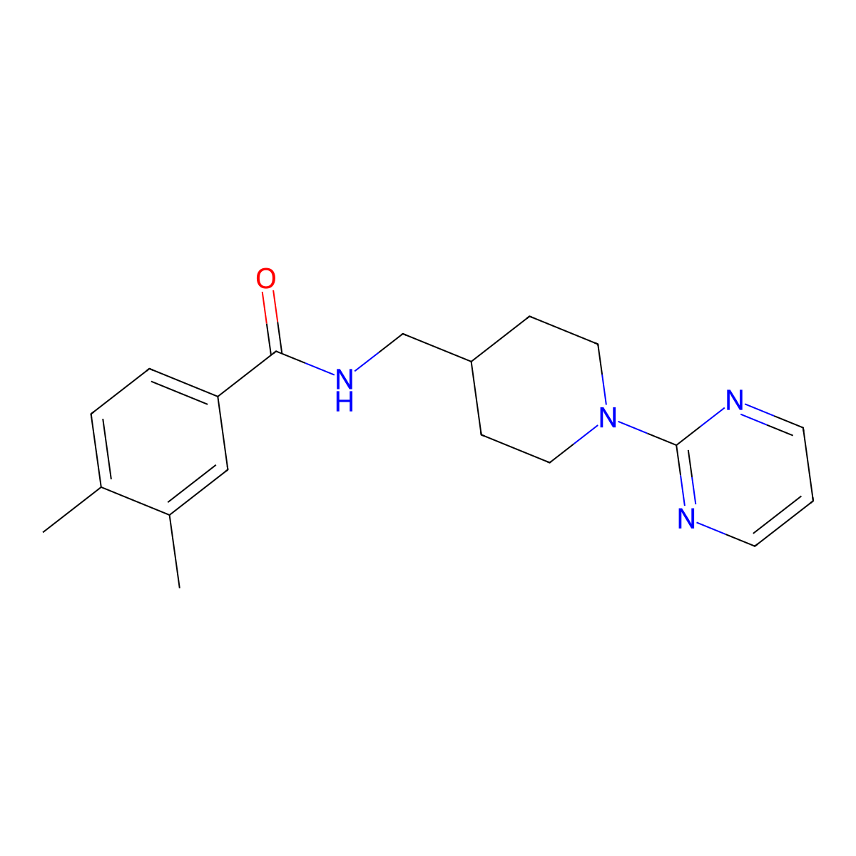 3,4-dimethyl-N-((1-(pyrimidin-2-yl)piperidin-4-yl)methyl)benzamide molecular structure, CAS 1235048-30-2