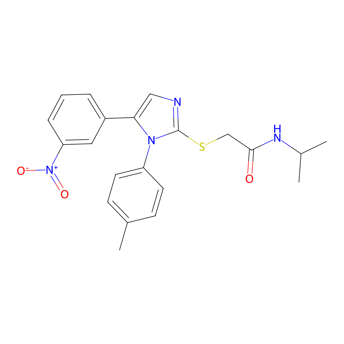 N-isopropyl-2-((5-(3-nitrophenyl)-1-(p-tolyl)-1H-imidazol-2-yl)thio)acetamide molecular structure, CAS 1235049-18-9