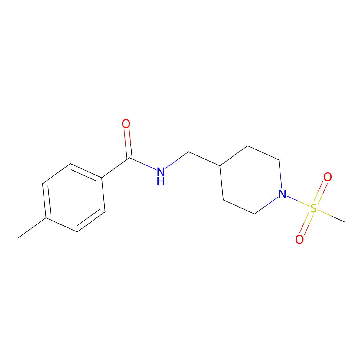 4-methyl-N-((1-(methylsulfonyl)piperidin-4-yl)methyl)benzamide molecular structure, CAS 1235049-97-4