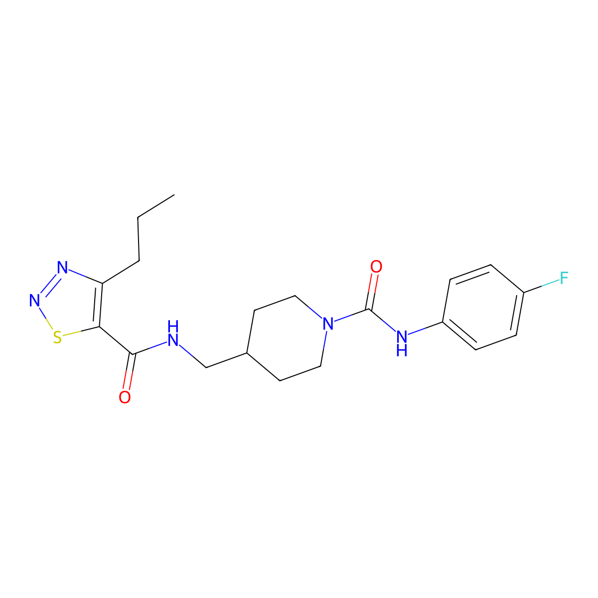 N-((1-((4-fluorophenyl)carbamoyl)piperidin-4-yl)methyl)-4-propyl-1,2,3-thiadiazole-5-carboxamide molecular structure, CAS 1235050-96-0