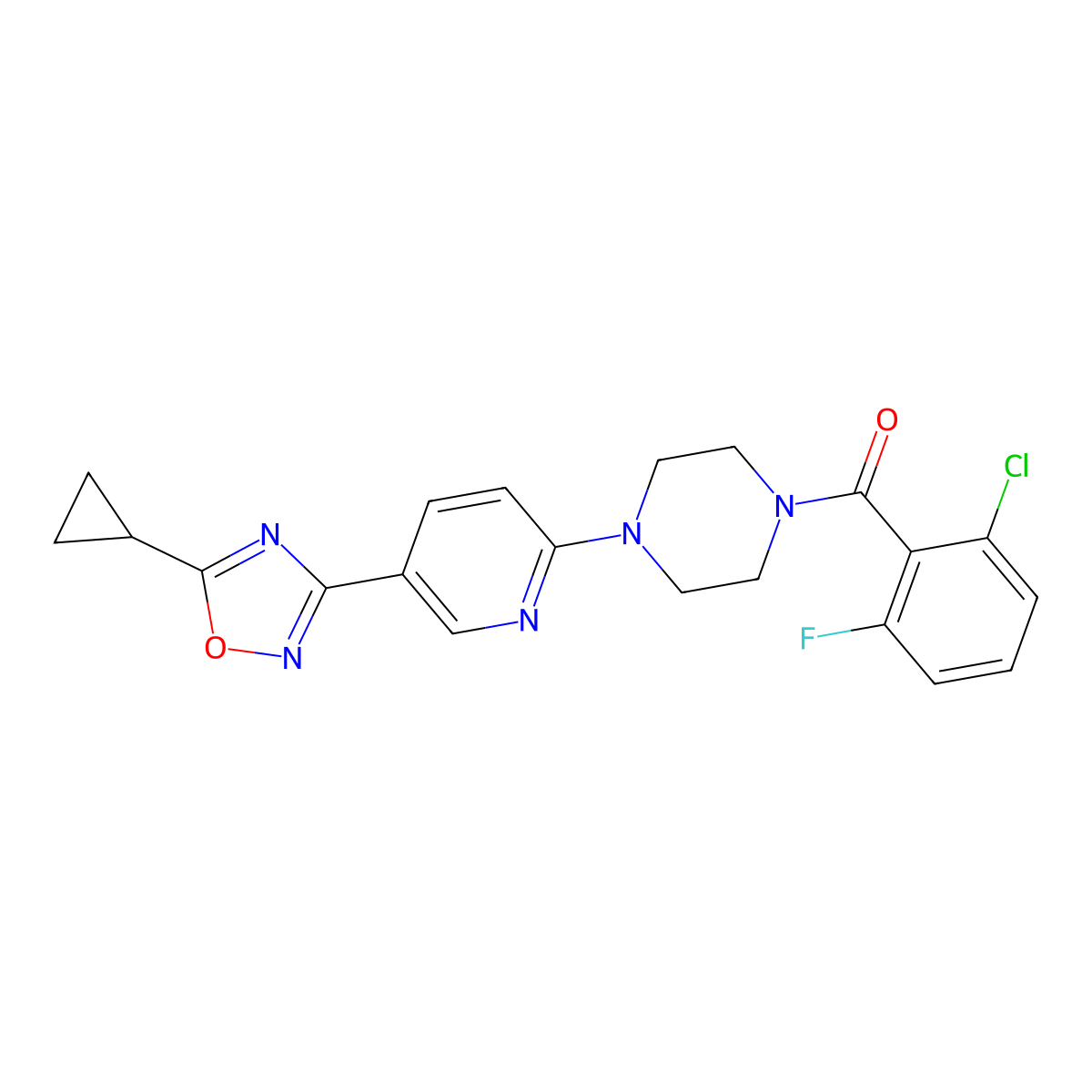 (2-Chloro-6-fluorophenyl)(4-(5-(5-cyclopropyl-1,2,4-oxadiazol-3-yl)pyridin-2-yl)piperazin-1-yl)methanone molecular structure, CAS 1235053-59-4