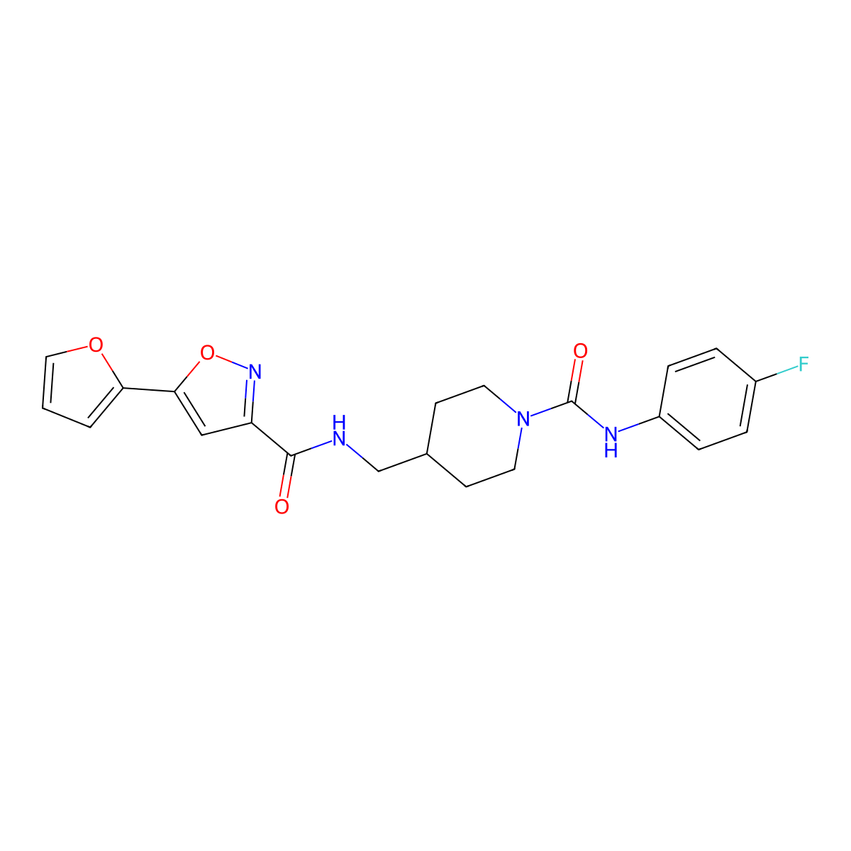 N-((1-((4-fluorophenyl)carbamoyl)piperidin-4-yl)methyl)-5-(furan-2-yl)isoxazole-3-carboxamide molecular structure, CAS 1235056-38-8