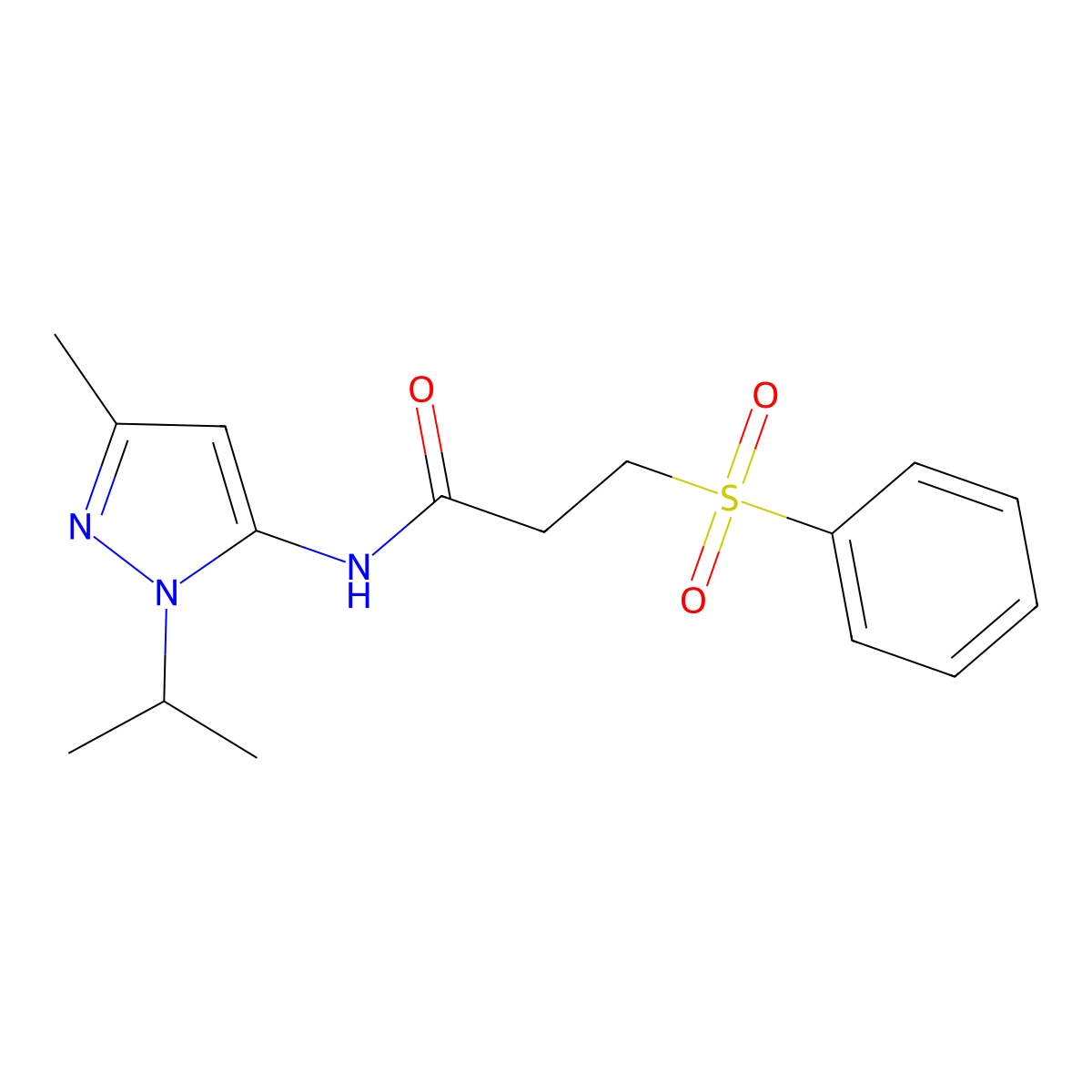 N-(1-isopropyl-3-methyl-1H-pyrazol-5-yl)-3-(phenylsulfonyl)propanamide molecular structure, CAS 1235056-46-8