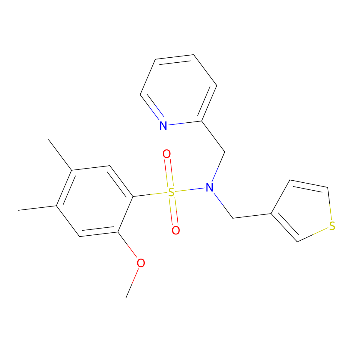 2-methoxy-4,5-dimethyl-N-(pyridin-2-ylmethyl)-N-(thiophen-3-ylmethyl)benzenesulfonamide molecular structure, CAS 1235056-84-4