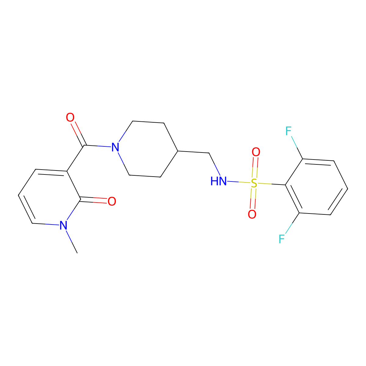2,6-difluoro-N-((1-(1-methyl-2-oxo-1,2-dihydropyridine-3-carbonyl)piperidin-4-yl)methyl)benzenesulfonamide molecular structure, CAS 1235058-20-4