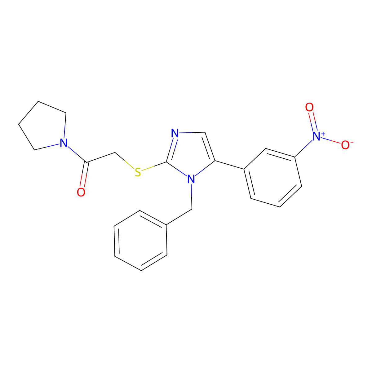 2-((1-benzyl-5-(3-nitrophenyl)-1H-imidazol-2-yl)thio)-1-(pyrrolidin-1-yl)ethanone molecular structure, CAS 1235058-58-8