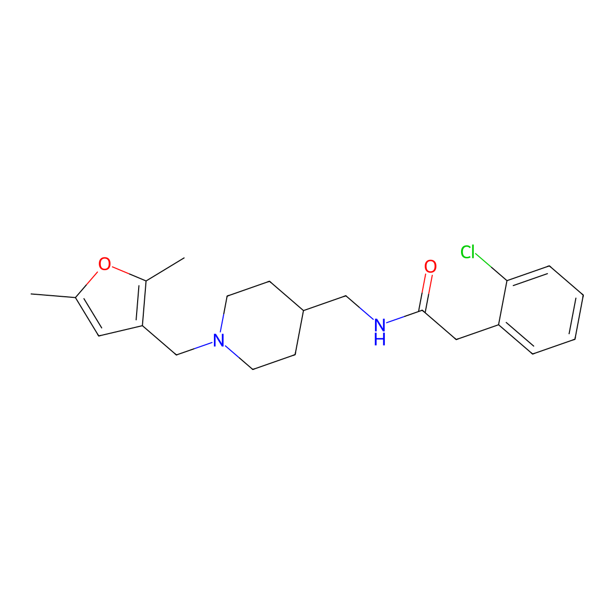 2-(2-chlorophenyl)-N-((1-((2,5-dimethylfuran-3-yl)methyl)piperidin-4-yl)methyl)acetamide molecular structure, CAS 1235058-89-5