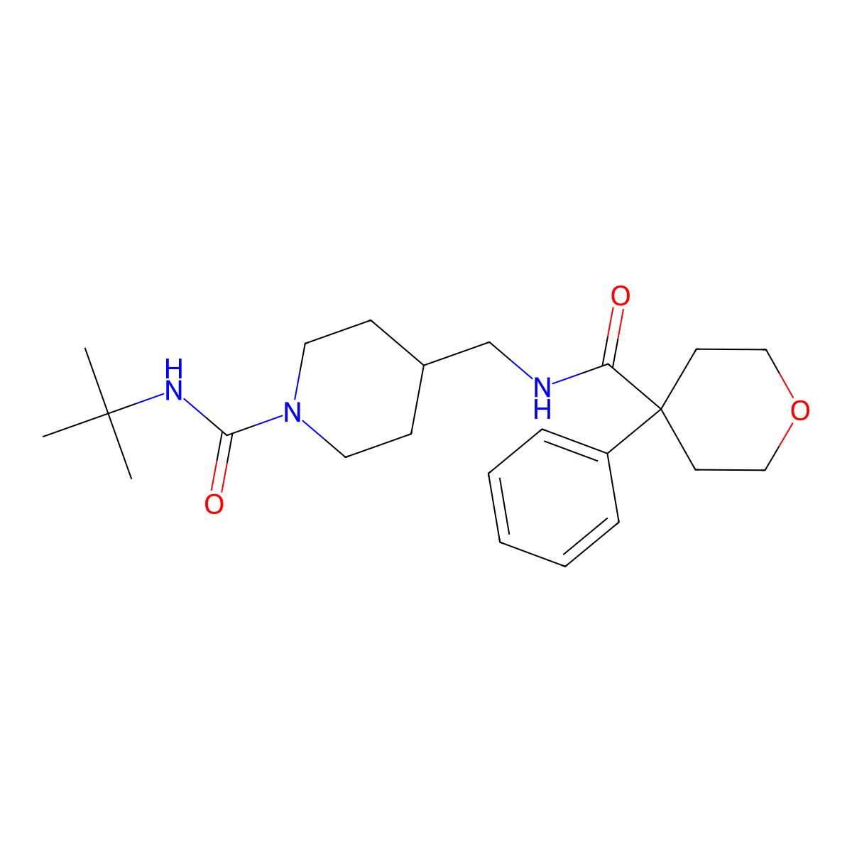 N-(tert-butyl)-4-((4-phenyltetrahydro-2H-pyran-4-carboxamido)methyl)piperidine-1-carboxamide molecular structure, CAS 1235062-43-7