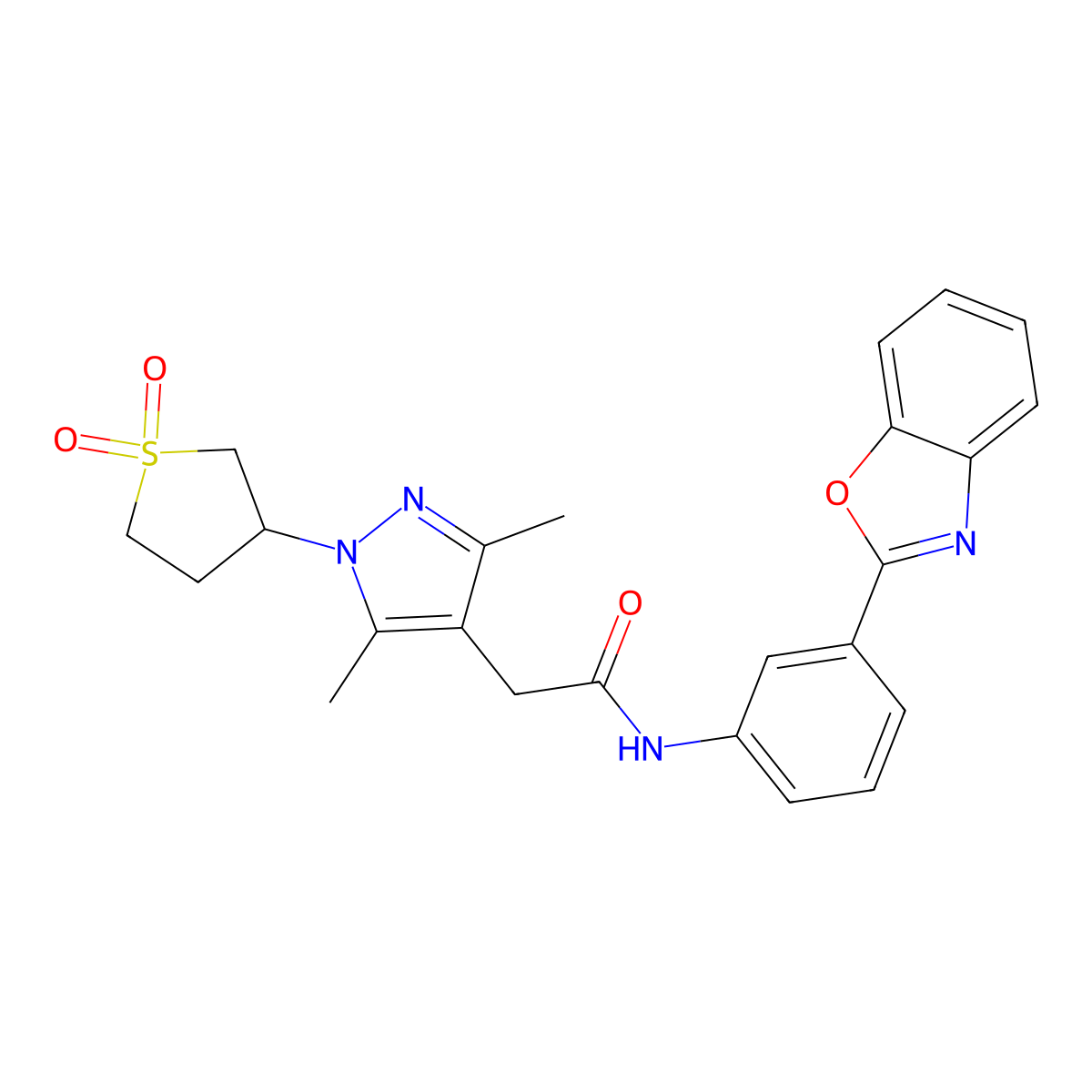 N-(3-(benzo[d]oxazol-2-yl)phenyl)-2-(1-(1,1-dioxidotetrahydrothiophen-3-yl)-3,5-dimethyl-1H-pyrazol-4-yl)acetamide molecular structure, CAS 1235062-68-6