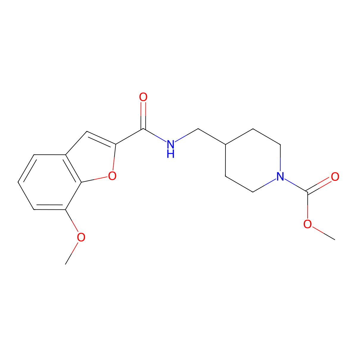 Methyl 4-((7-methoxybenzofuran-2-carboxamido)methyl)piperidine-1-carboxylate molecular structure, CAS 1235063-58-7