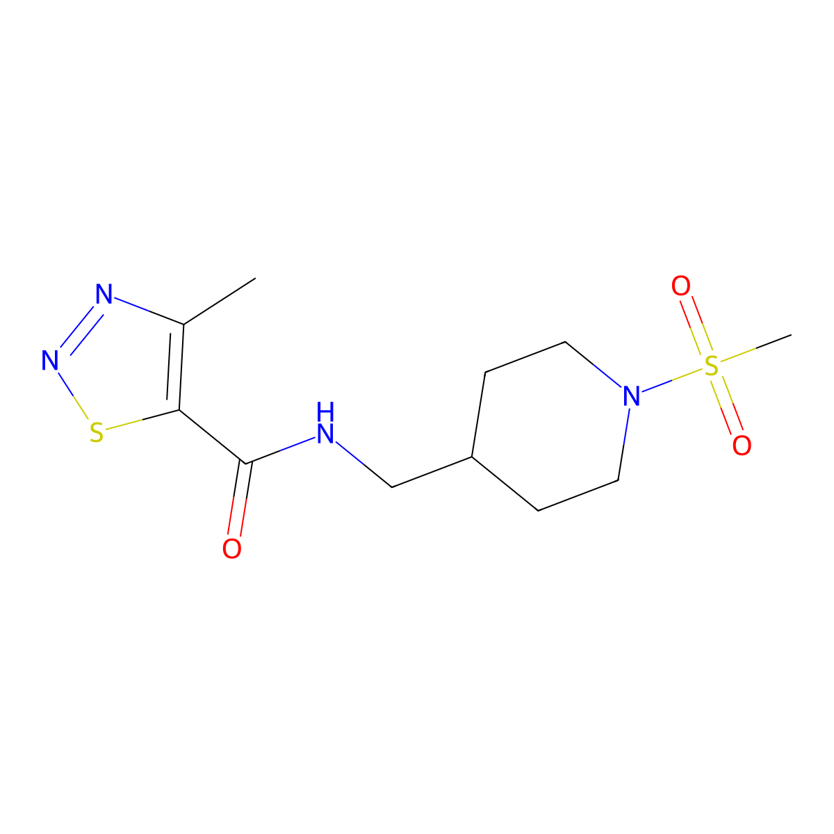 4-methyl-N-((1-(methylsulfonyl)piperidin-4-yl)methyl)-1,2,3-thiadiazole-5-carboxamide molecular structure, CAS 1235065-31-2