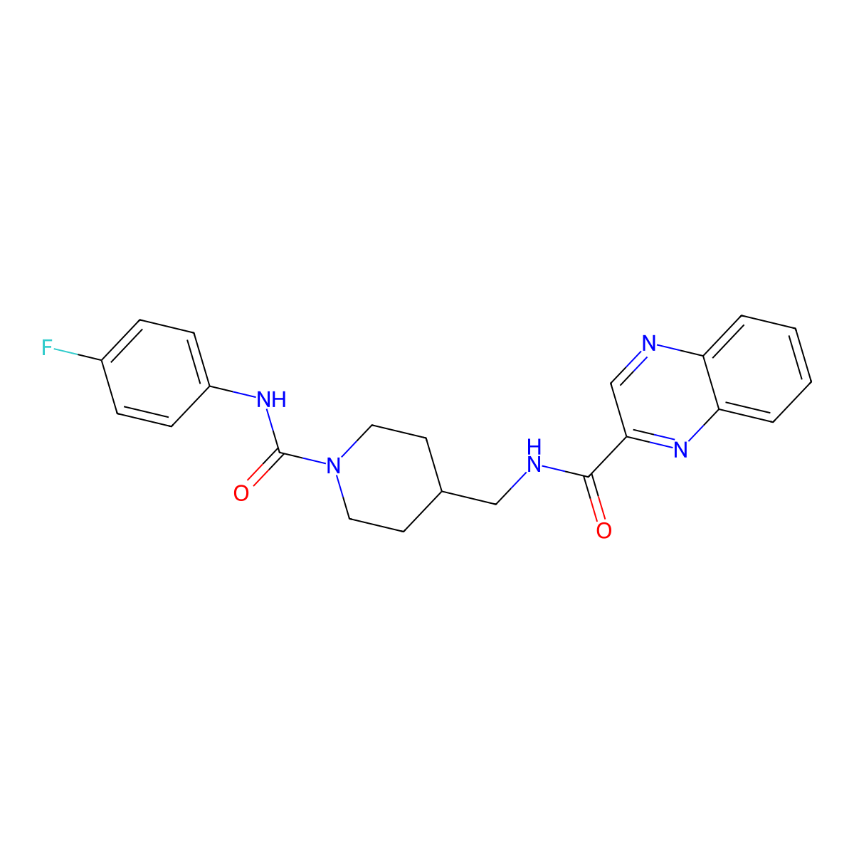 N-((1-((4-fluorophenyl)carbamoyl)piperidin-4-yl)methyl)quinoxaline-2-carboxamide molecular structure, CAS 1235066-11-1