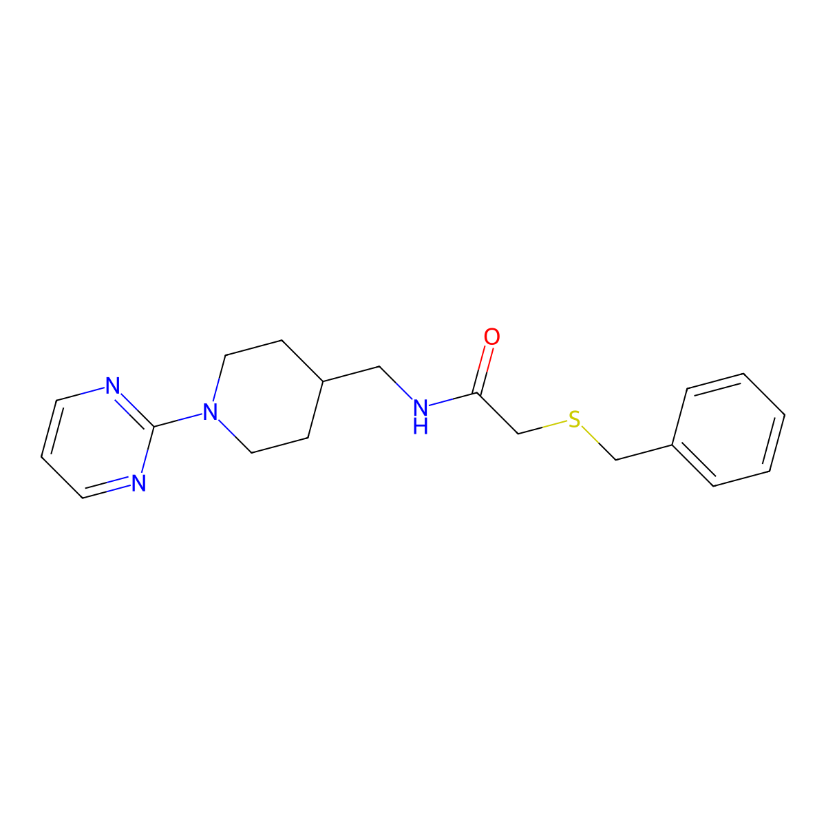 2-(benzylthio)-N-((1-(pyrimidin-2-yl)piperidin-4-yl)methyl)acetamide molecular structure, CAS 1235068-78-6