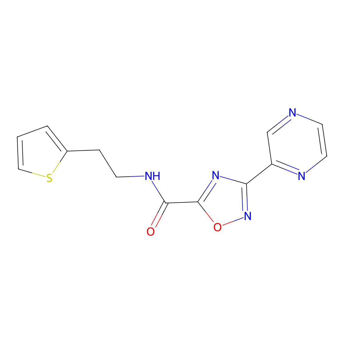 3-(pyrazin-2-yl)-N-(2-(thiophen-2-yl)ethyl)-1,2,4-oxadiazole-5-carboxamide molecular structure, CAS 1235071-10-9