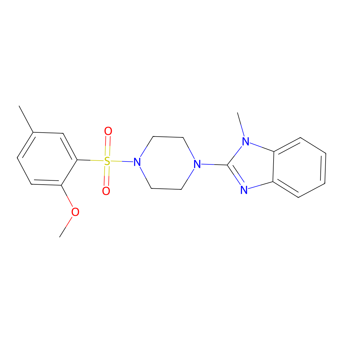 2-(4-((2-methoxy-5-methylphenyl)sulfonyl)piperazin-1-yl)-1-methyl-1H-benzo[d]imidazole molecular structure, CAS 1235071-70-1