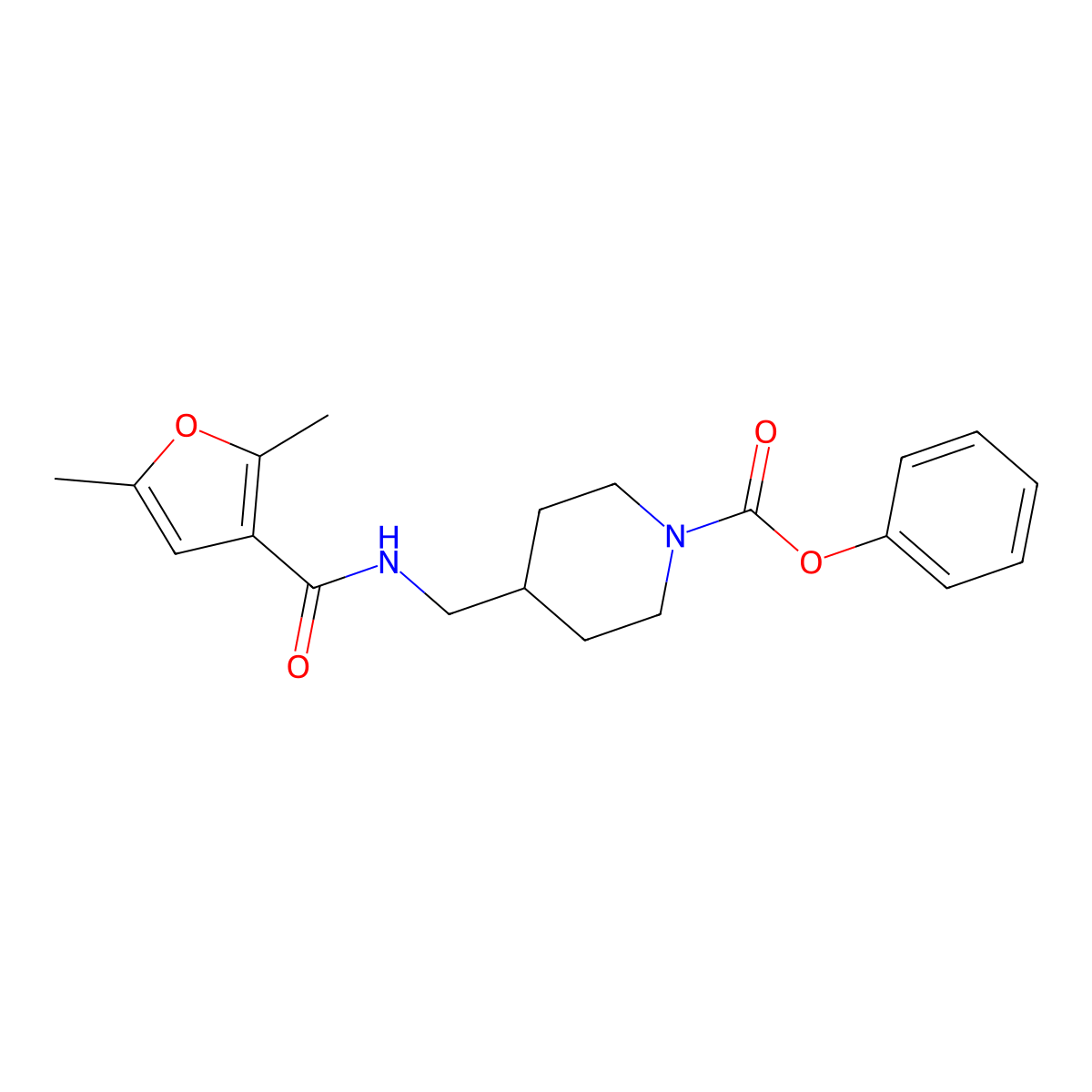 Phenyl 4-((2,5-dimethylfuran-3-carboxamido)methyl)piperidine-1-carboxylate molecular structure, CAS 1235072-49-7